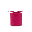 Bright pink quilted leather crossbody bucket bag with gold logo and leather drawstring closure. Adjustable crossbody strap. Back view