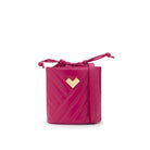 Bright pink quilted leather crossbody bucket bag with adjustable crossbody strap, gold logo and leather drawstring closure. Made in Italy