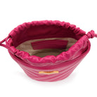 Bright pink leather crossbody bucket bag interior in a rich magenta shade with drawstring closure, card slots and logo lining. Made in Italy