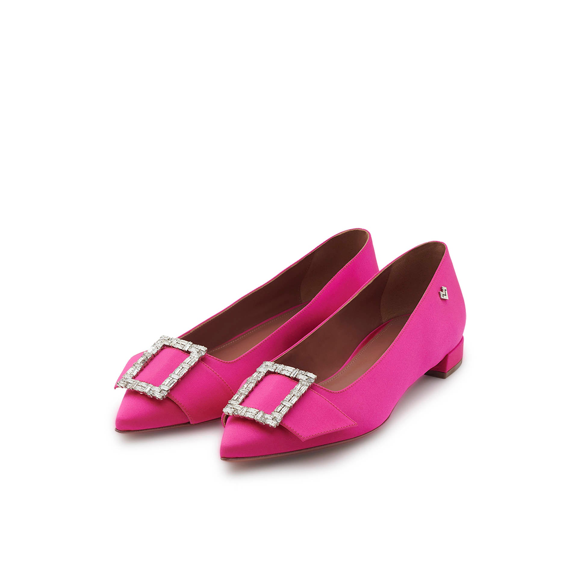Pair of Electric pink satin flats with pointed toe and crystal buckle detail Made in 