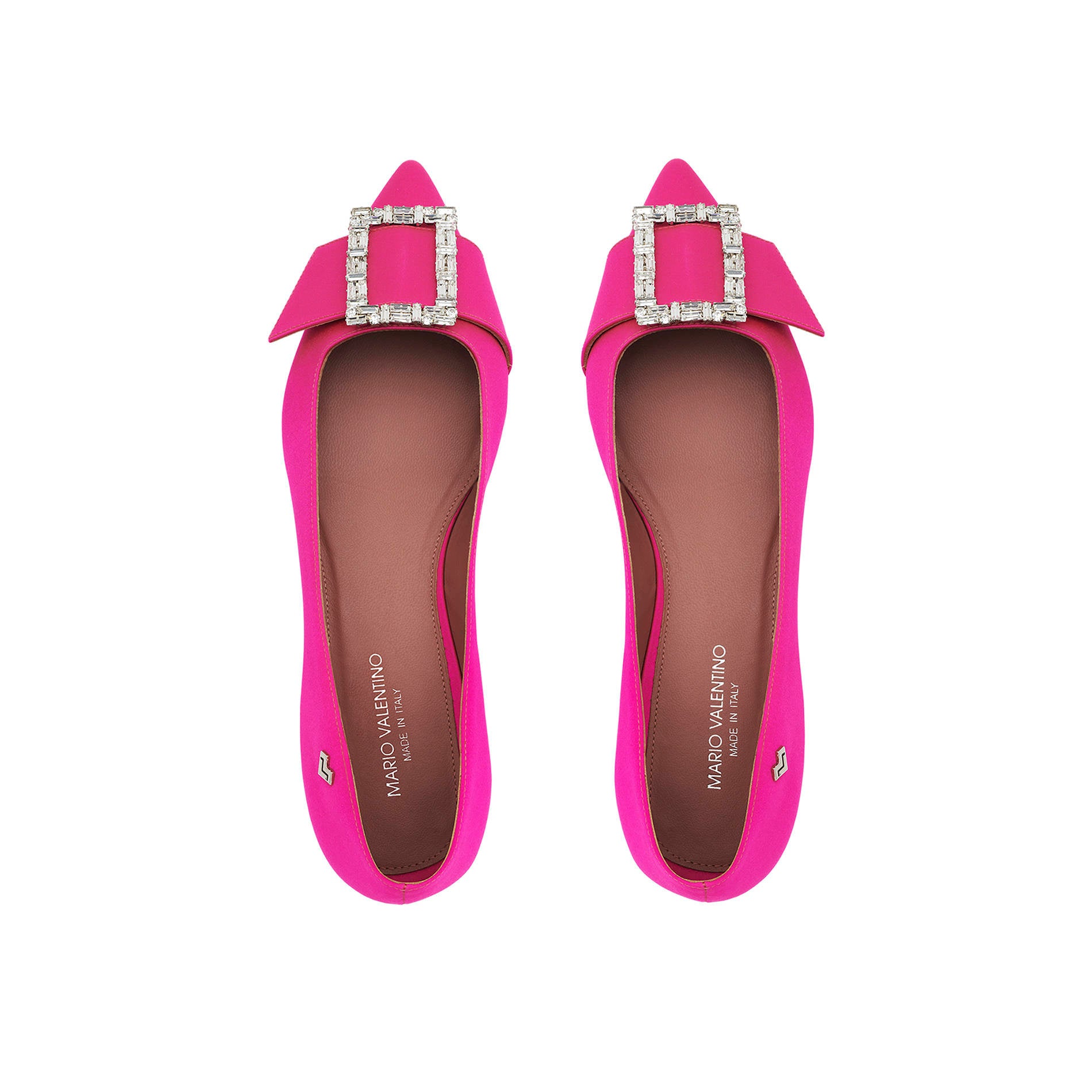 Top view of Fuchsia satin pointed toe flats with jewel buckle detail