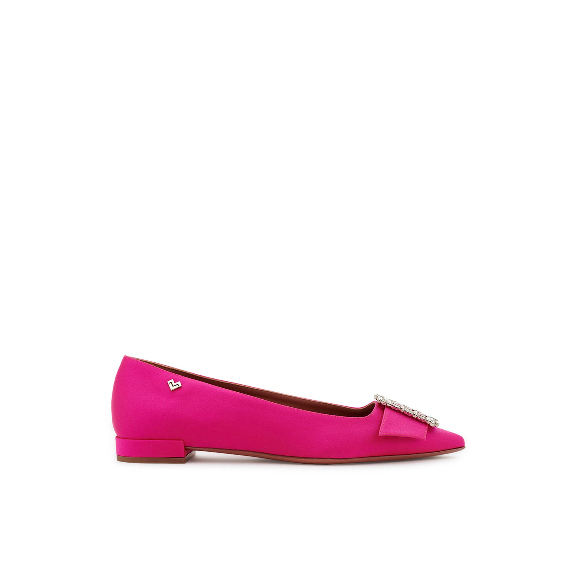 Hot pink silk satin pointed toe flats with jewel buckle and low heel by Mario Valentino