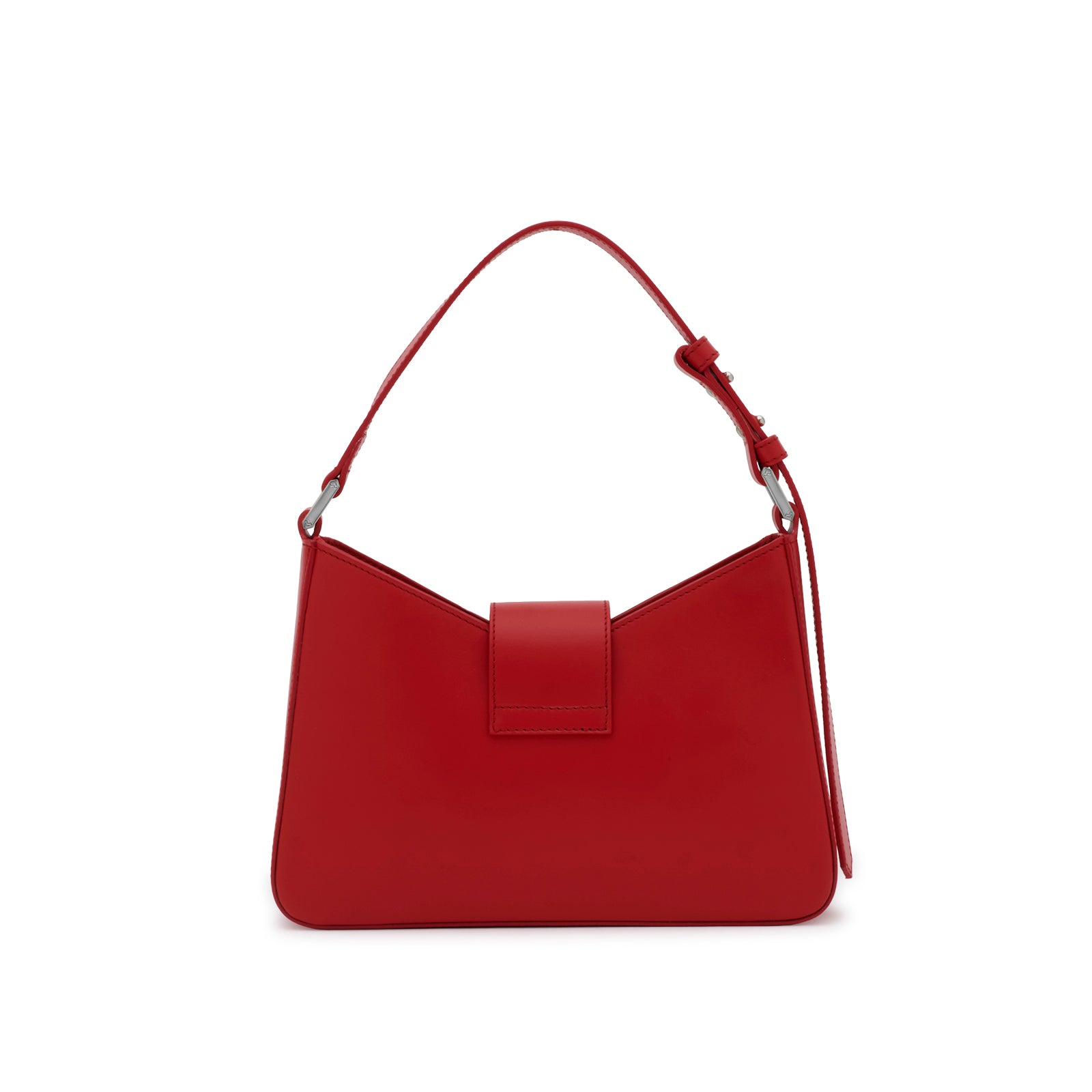 Mario Valentino red leather shoulder bag, back view, with clean lines and modern silhouette.