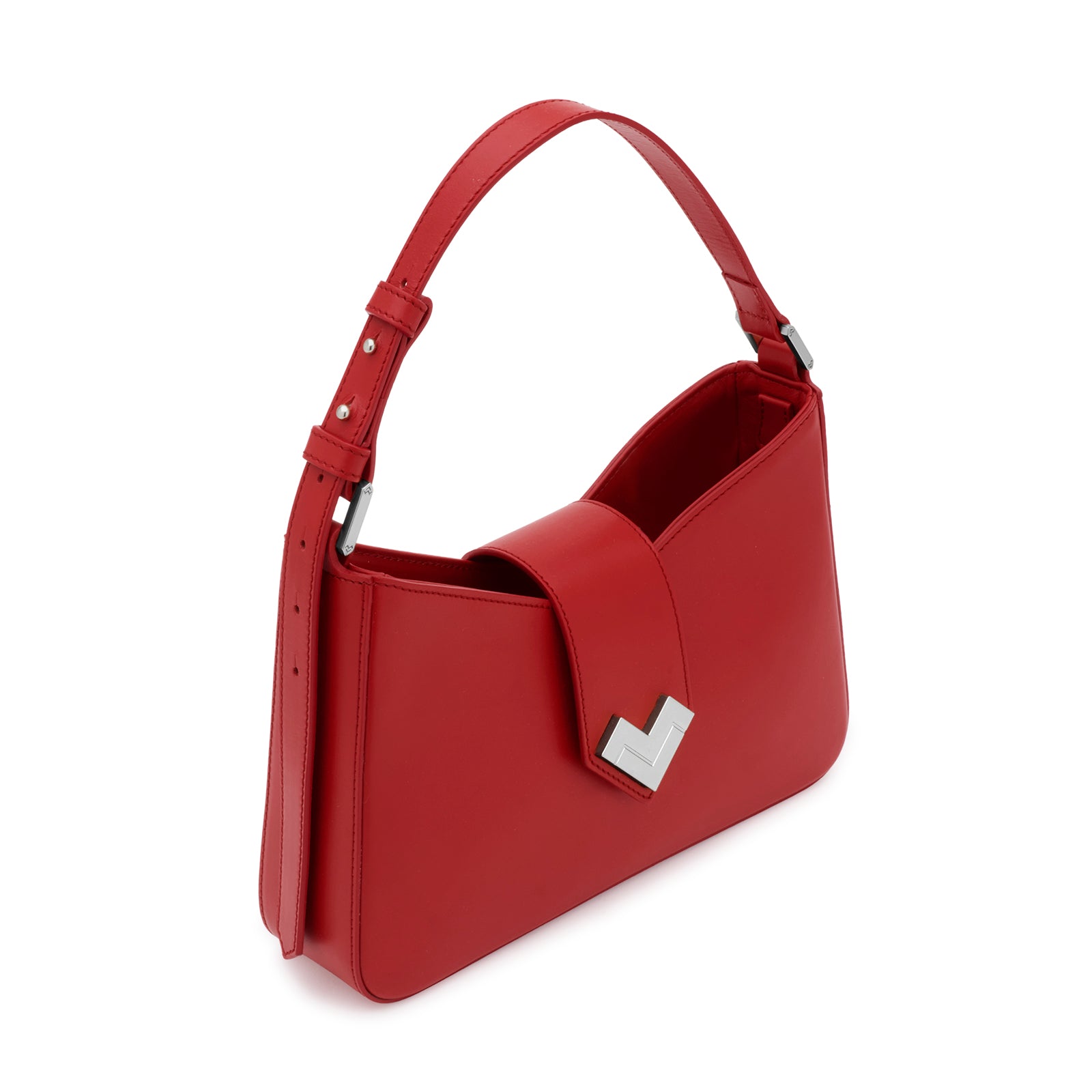 Interior of Mario Valentino red leather shoulder bag with logoed lining and inner pocket, combining refined design with everyday functionality. Made in Italy.