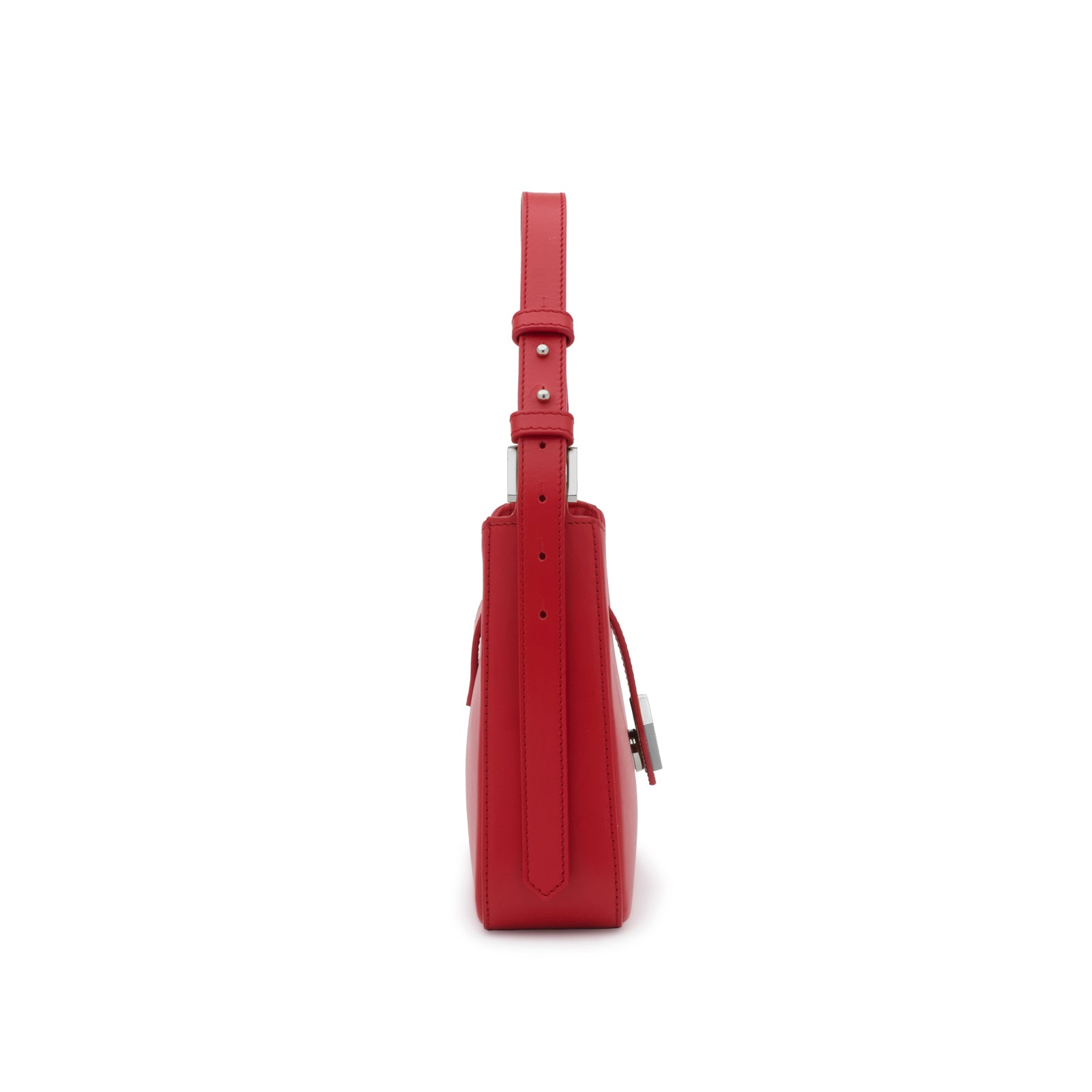 Mario Valentino red calf leather shoulder bag, side view, with adjustable strap and silver-tone MV logo detail. Made in Italy.