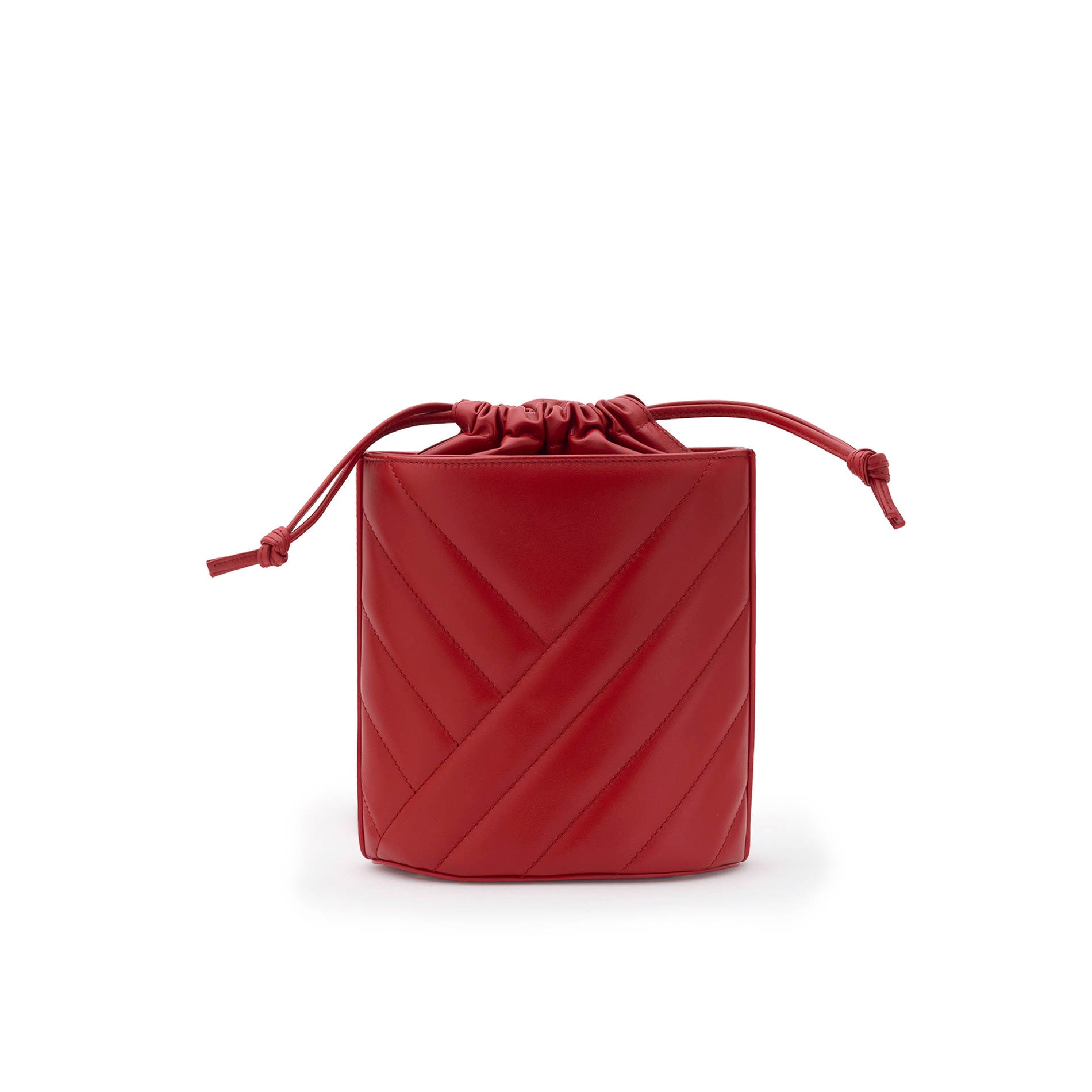 Red quilted leather crossbody bucket bag with gold logo and leather drawstring closure. Adjustable crossbody strap. Back view