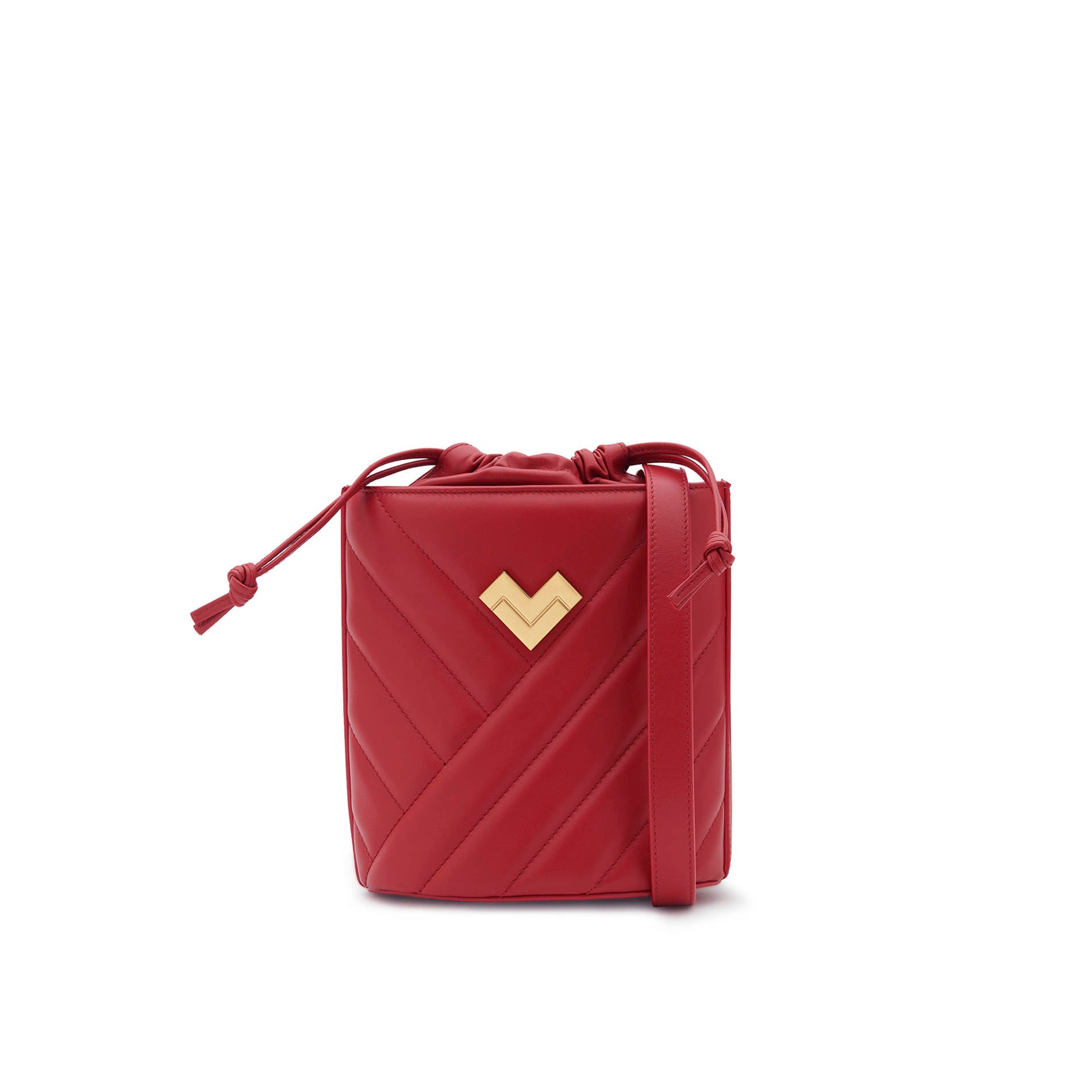 Red quilted leather crossbody bucket bag with adjustable crossbody strap, gold logo and leather drawstring closure. Made in Italy