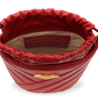 Red calf leather crossbody bucket bag interior with drawstring closure, logo lining and card slots. Made in Italy