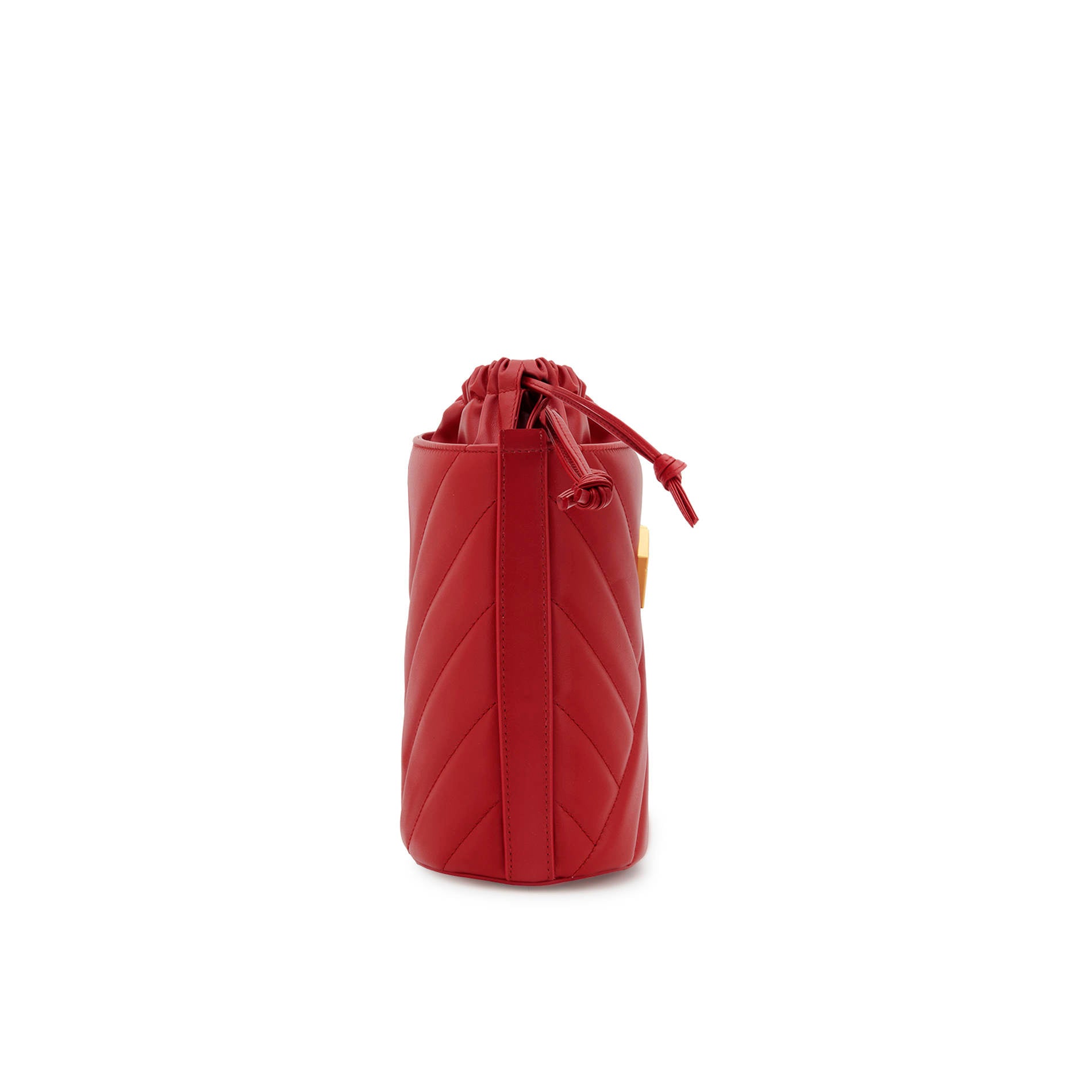 Red quilted leather crossbody bucket bag with adjustable strap and gold-tone hardware, side view. Made in Italy