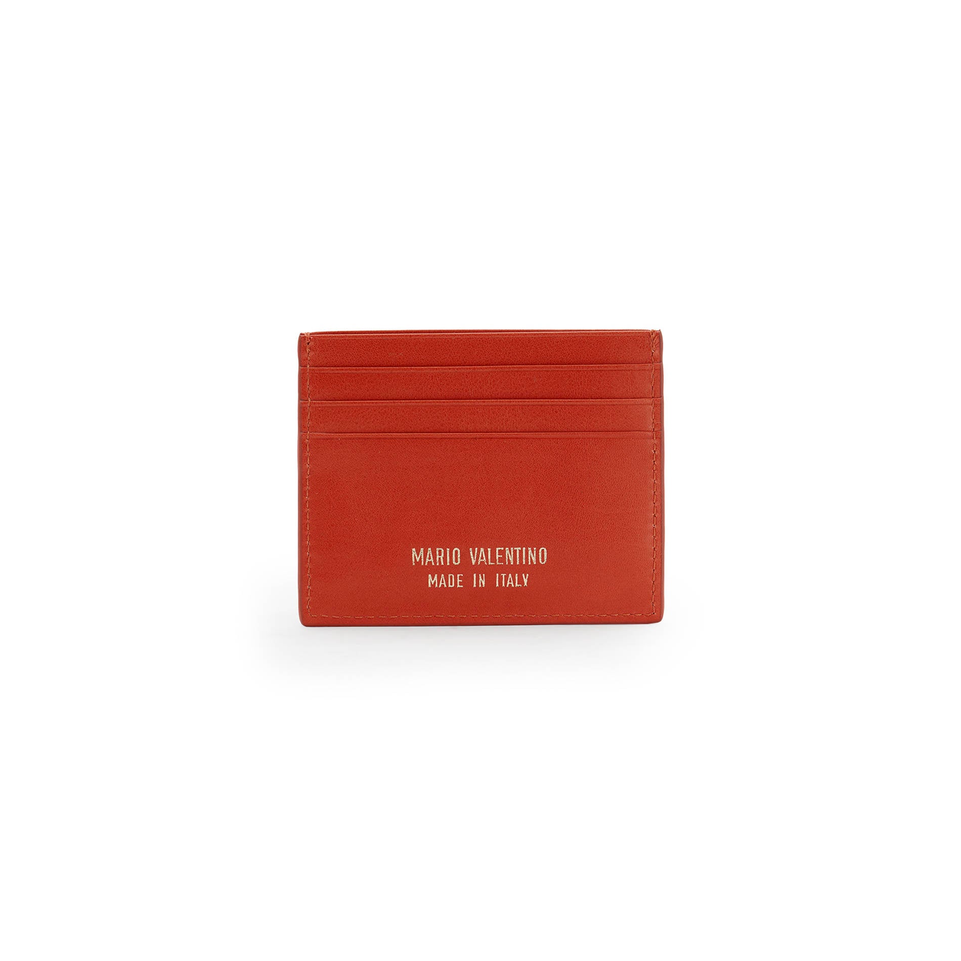 Back view of Mario Valentino red croc-embossed leather card holder with clean minimalist design and slim silhouette.