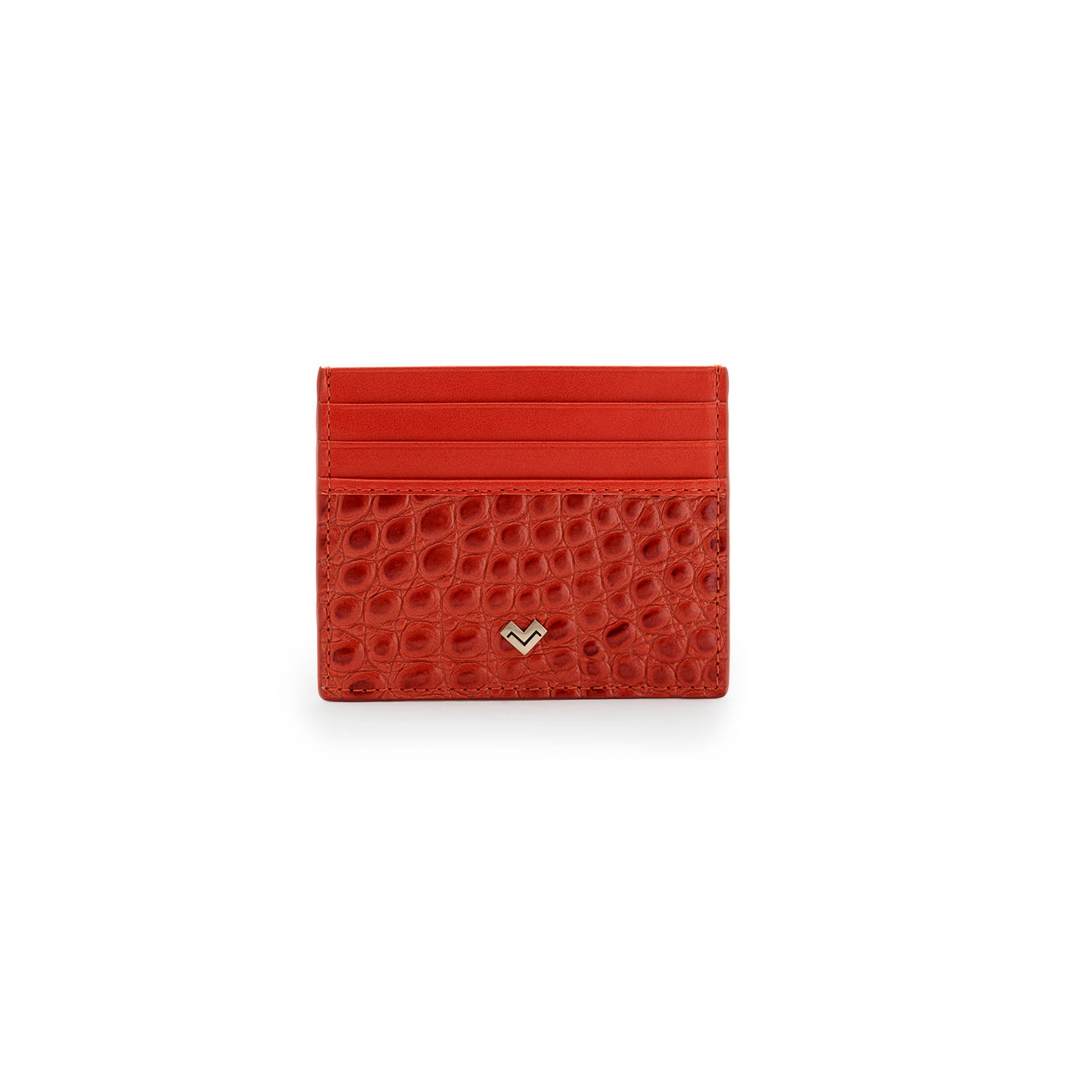 Mario Valentino red croc-embossed leather card holder with six card slots, metal MV logo and slim compact design. Made in Italy.