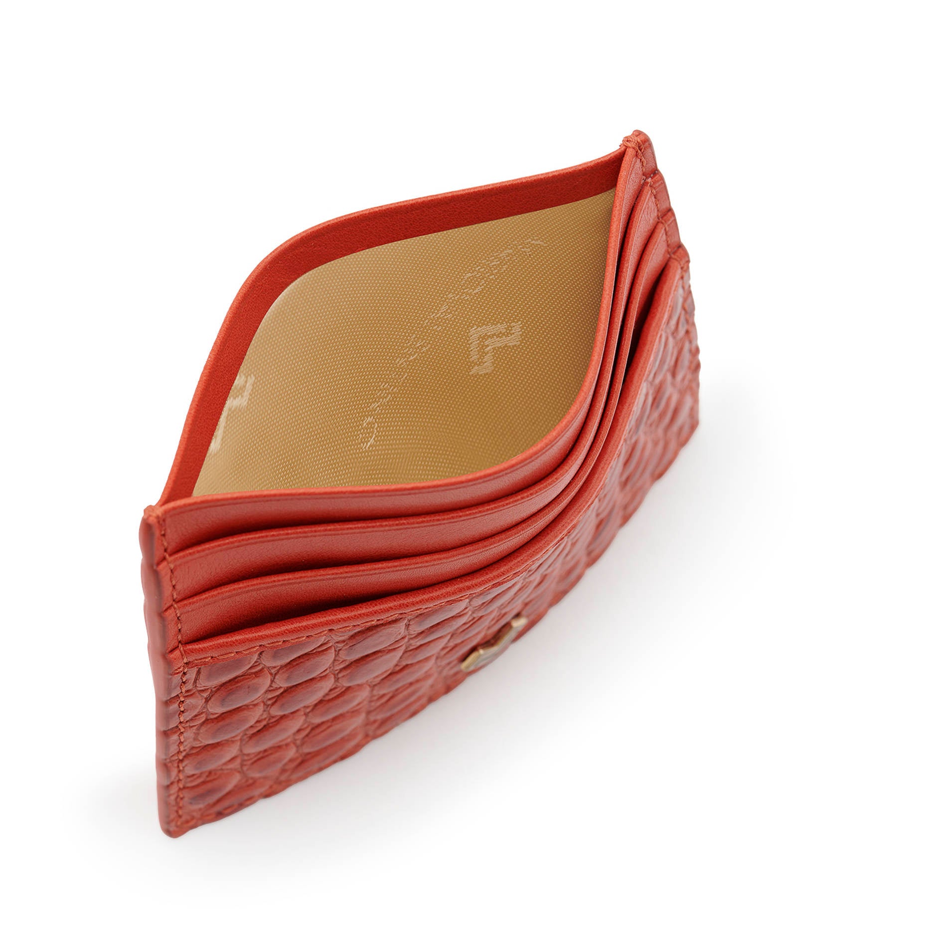 Interior view of Mario Valentino red croc-embossed leather card holder with a central pocket, card slots and logoed lining