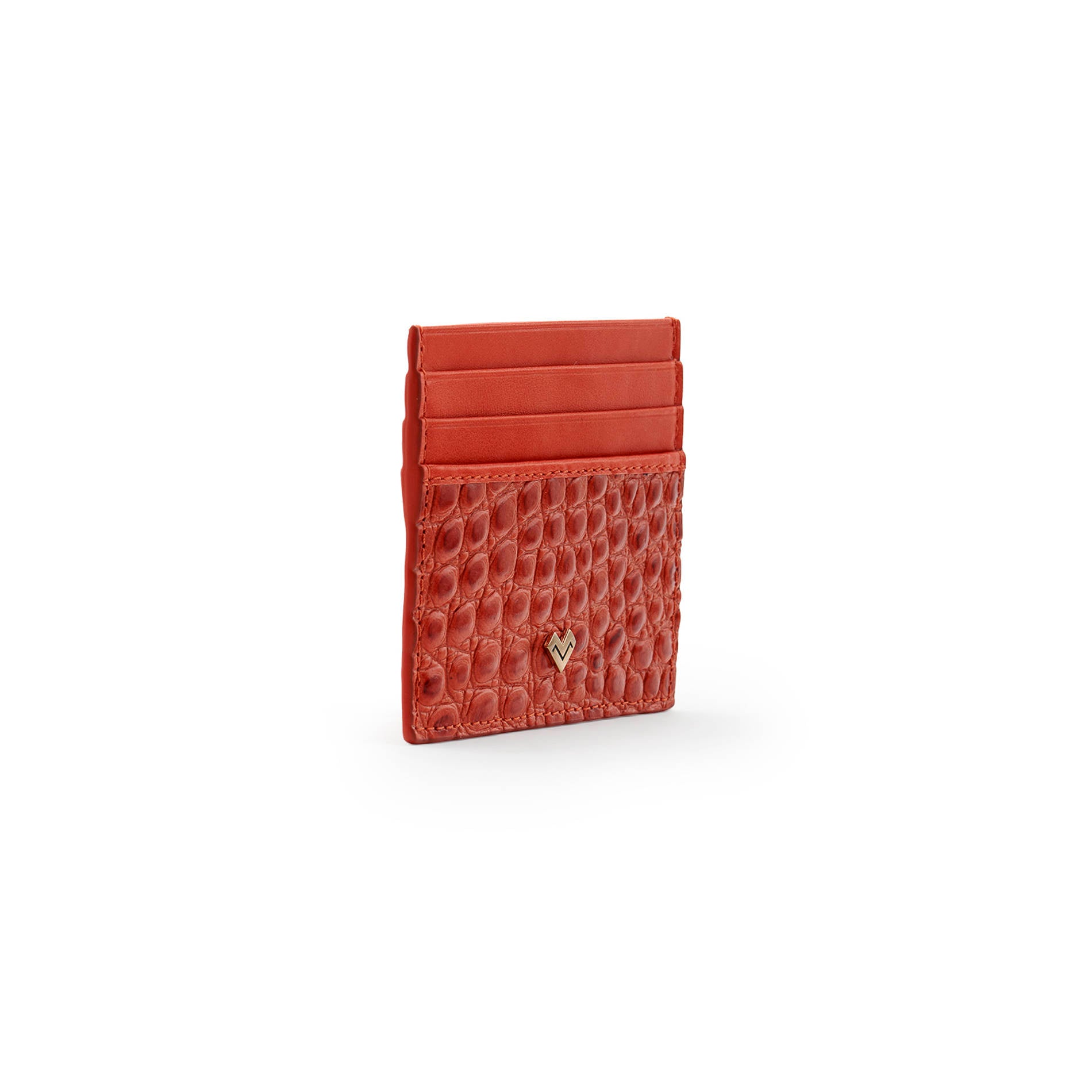 Side view of Mario Valentino red leather card holder in croc-embossed calfskin with slim profile and structured design.