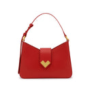 Mario Valentino red calf leather shoulder bag with gold MV logo closure, structured silhouette and adjustable strap, front view. Made in Italy