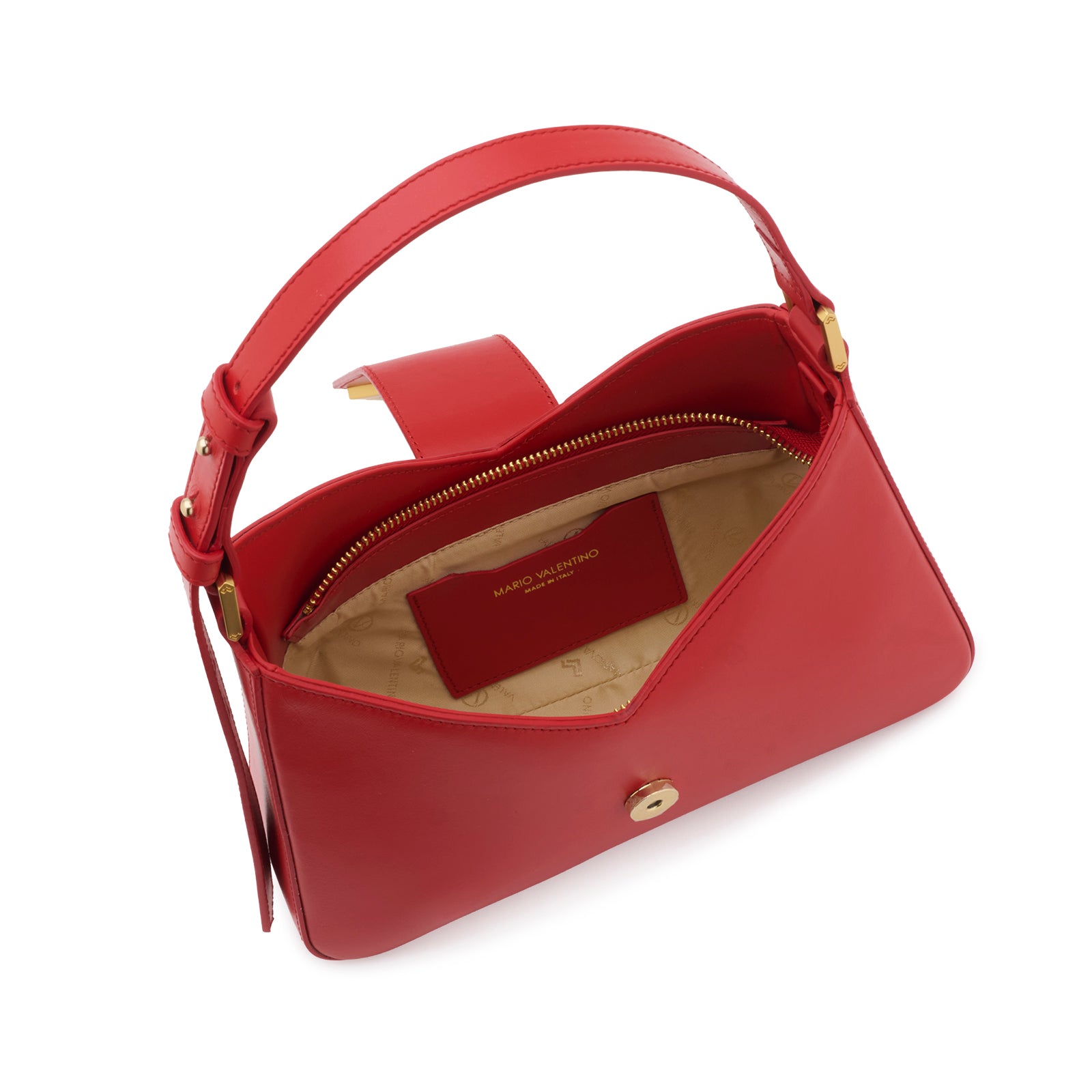 Interior of Mario Valentino red calf leather shoulder bag with logoed nylon lining, inner pocket and zip closure. Made in Italy