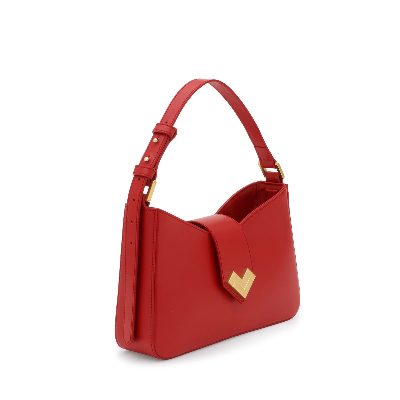 Side view of Mario Valentino red leather shoulder bag with adjustable strap and gold MV logo, compact elegant design. Made in Italy