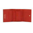 Mario Valentino red leather wallet interior with six card slots, banknote compartment, coin pocket with button and inner pockets.