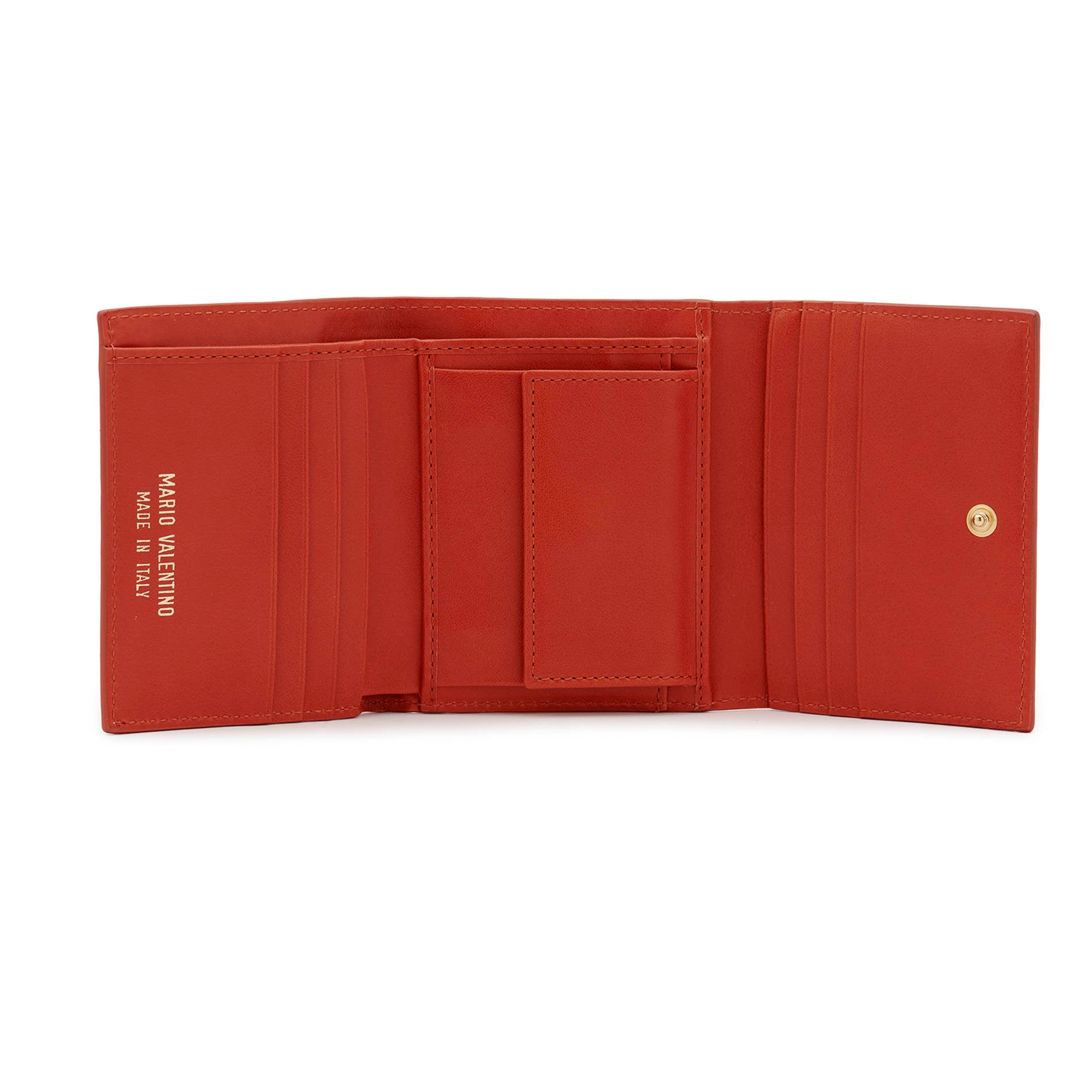 Mario Valentino red leather wallet interior with six card slots, banknote compartment, coin pocket with button and inner pockets.