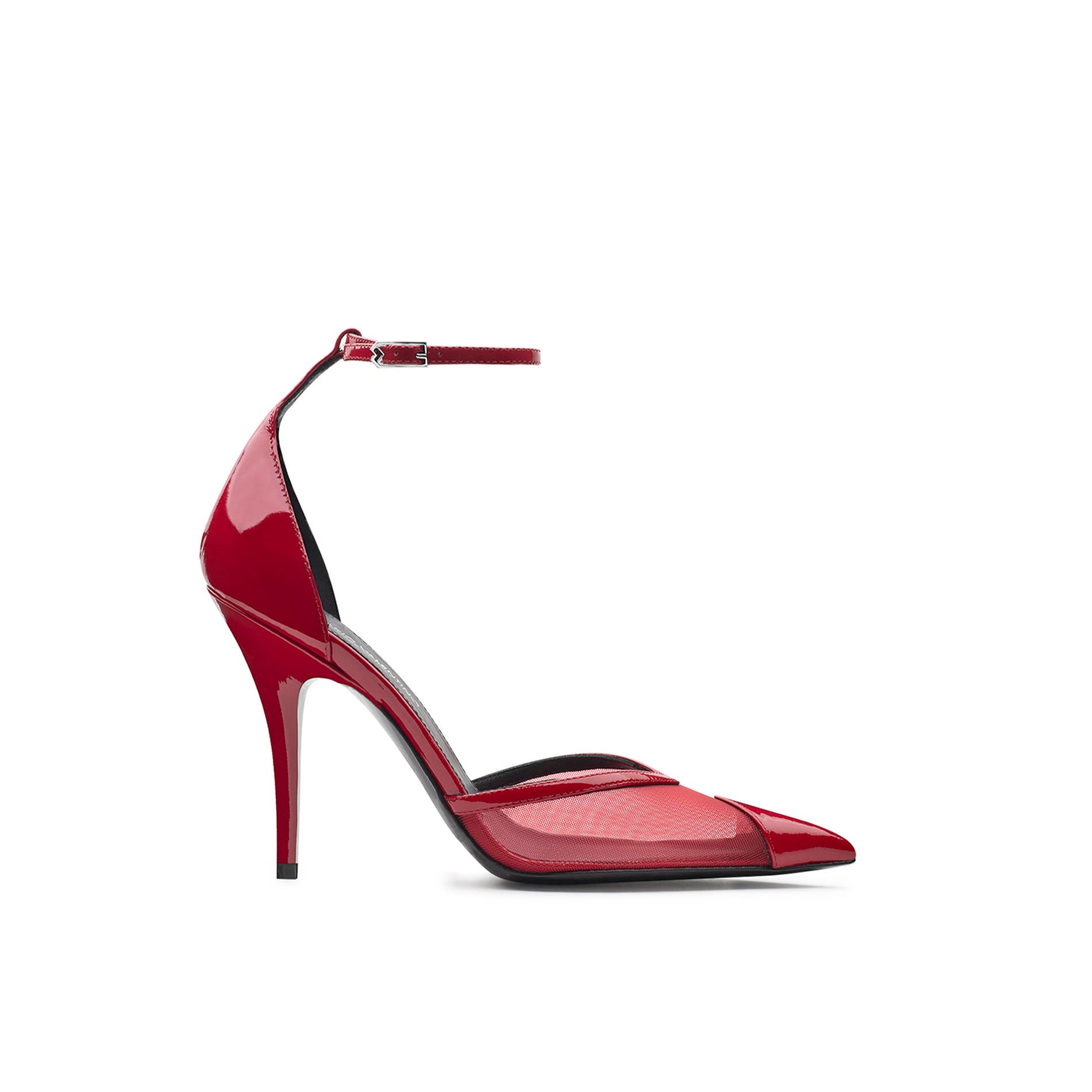 Red patent leather and mesh pumps with pointed toe and 95 mm stiletto heel by Mario Valentino
