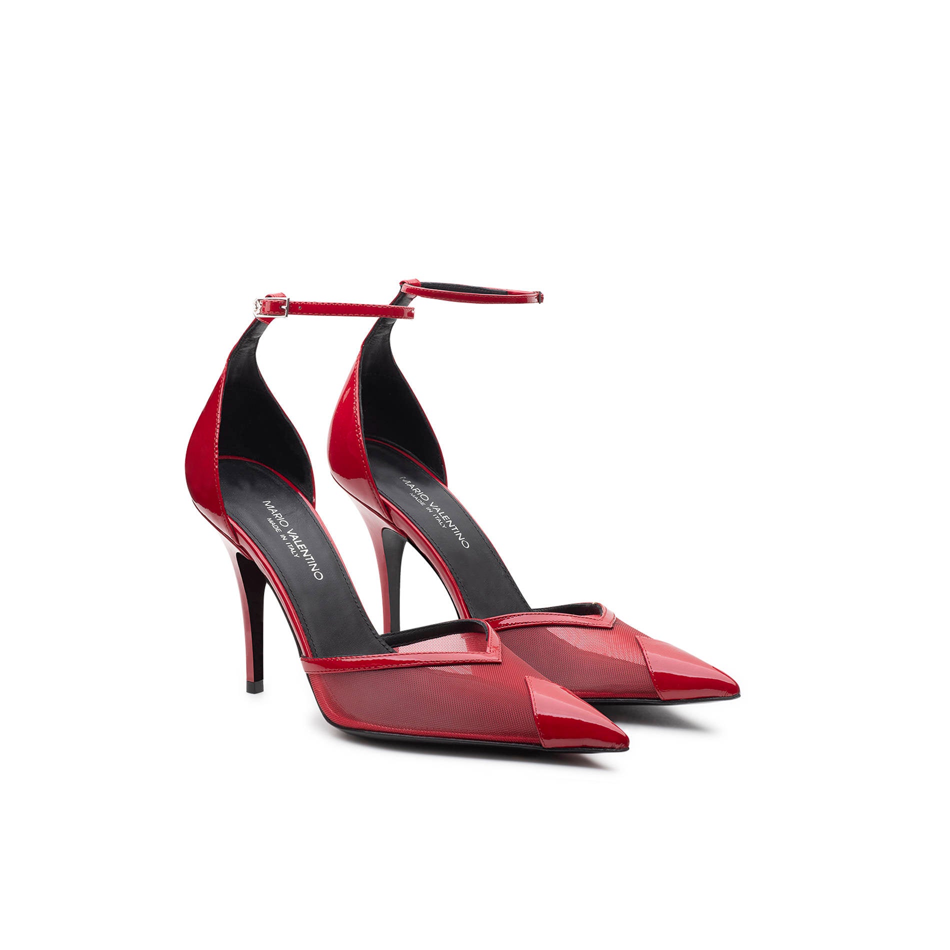 Pair of red patent and mesh pumps with ankle strap and adjustable buckle Made in Italy