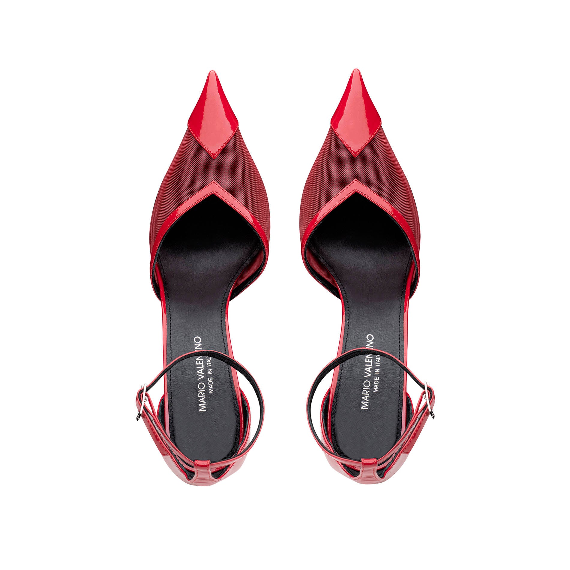 Top view of red pointed toe pumps in patent leather and sheer mesh with ankle strap