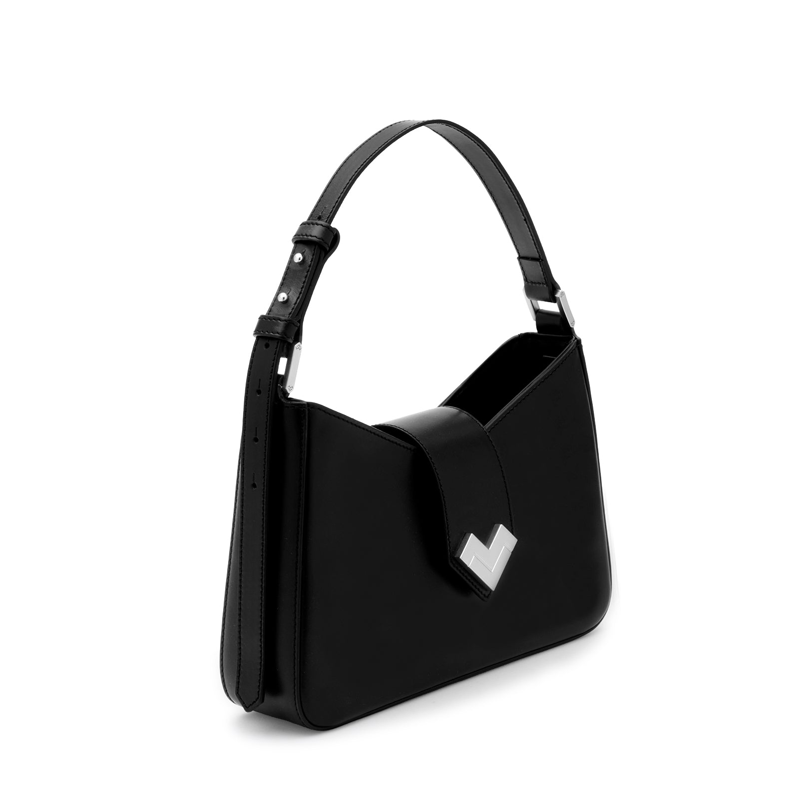 Angled view of the Mario Valentino black calf leather bag highlighting the sharp geometric lines and polished silver hardware.