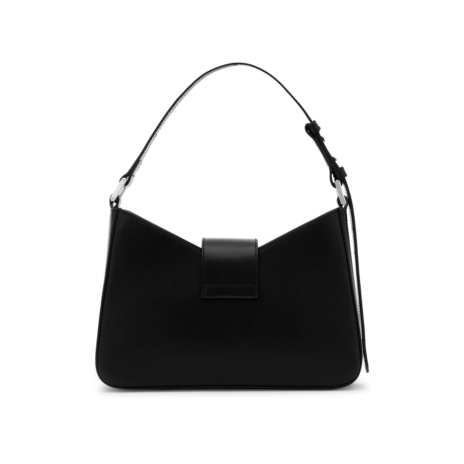 Rear view of the Mario Valentino black leather shoulder bag showing the smooth finish and precise tonal stitching