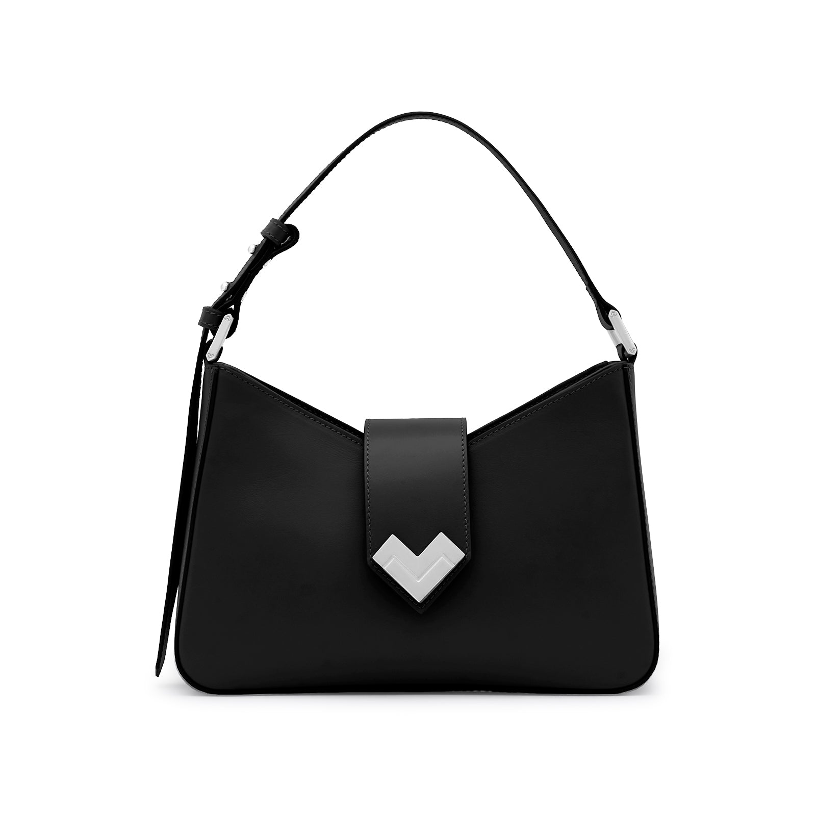 Mario Valentino black calf leather shoulder bag with a concave silhouette and silver-finish MV logo