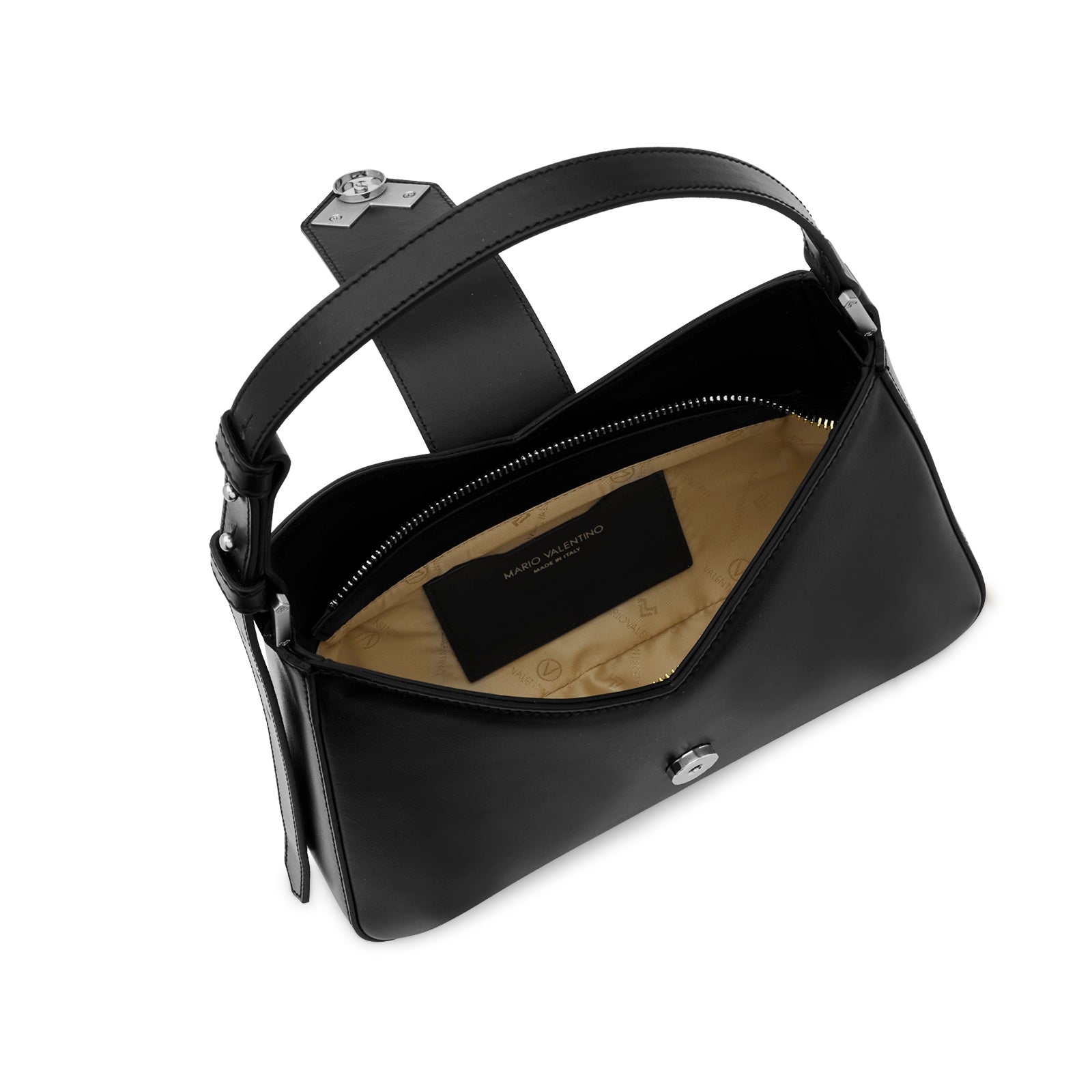 nterior of the Mario Valentino black bag featuring the double-zip closure system and signature logo-print Nylon lining.