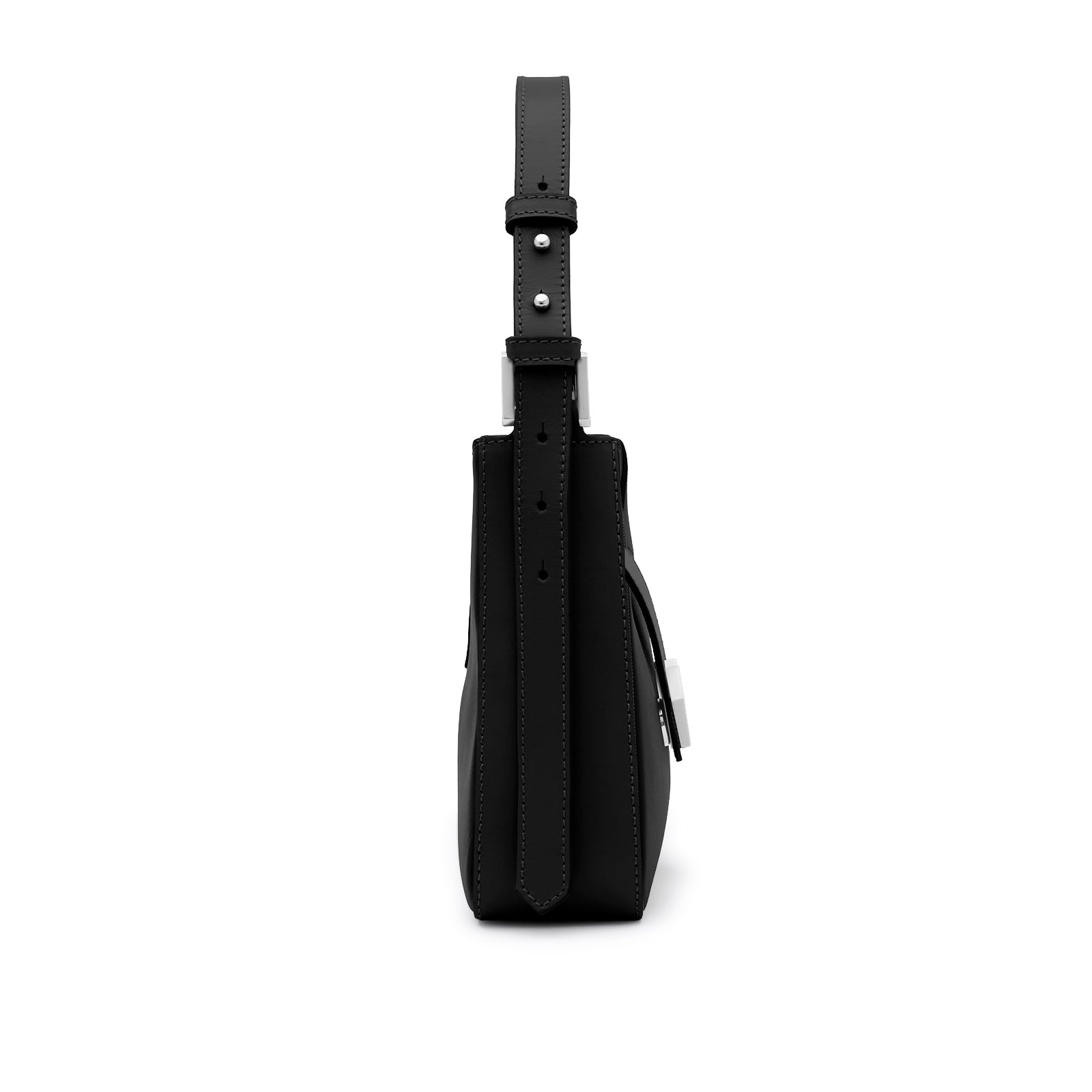 Side profile of the Mario Valentino black leather bag showing the slim 6cm depth and adjustable silver strap buckles