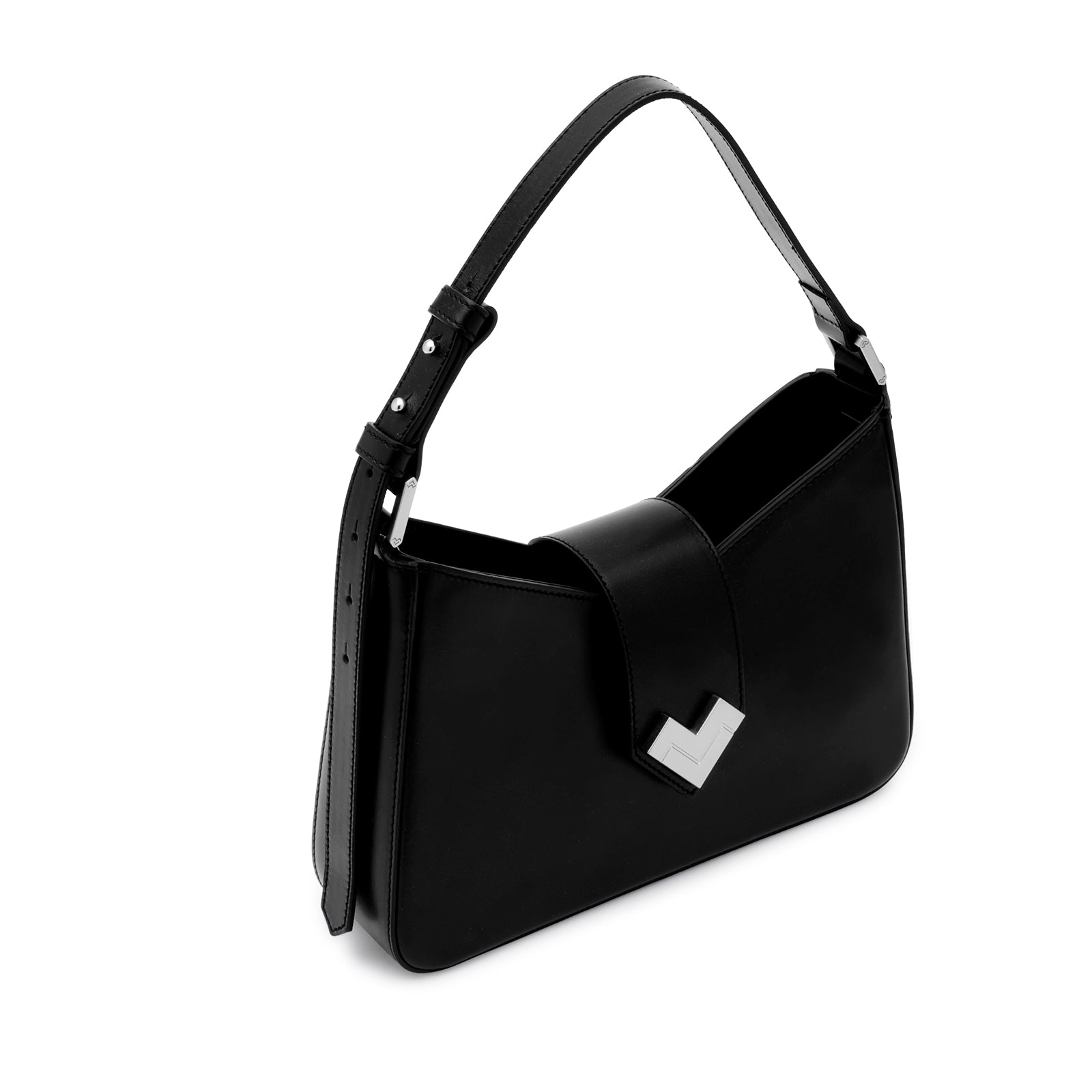 Mario Valentino black leather shoulder bag with a distinctive concave silhouette and silver-finish MV logo on the front flap.