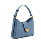 Mario Valentino luxury blue leather shoulder bag with gold logo hardware and minimalist structured design. Made in Italy