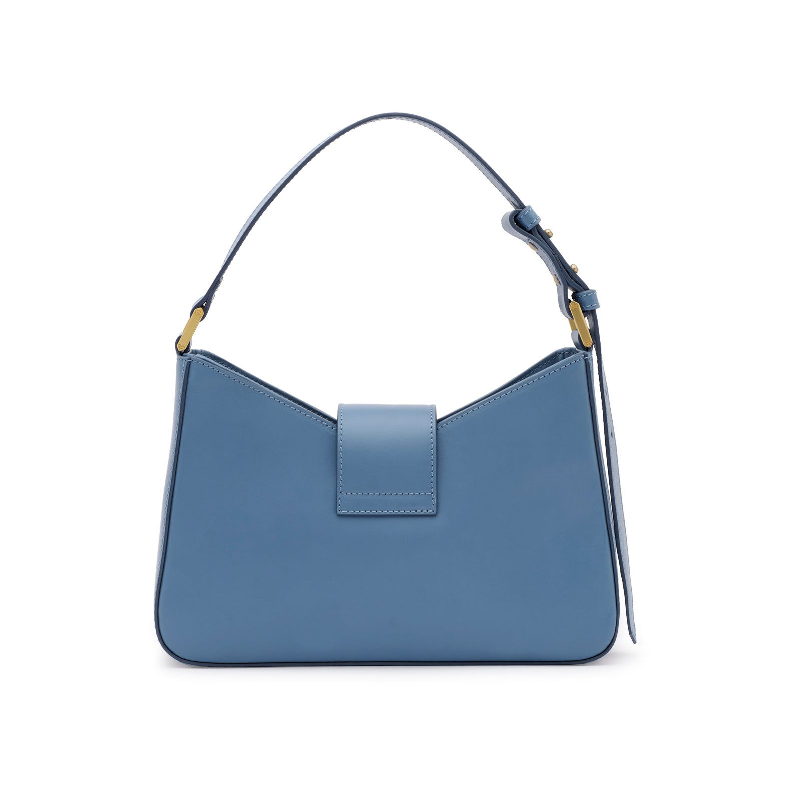 Back view of Mario Valentino light blue calf leather shoulder bag with clean structured silhouette and adjustable strap. Made in Italy