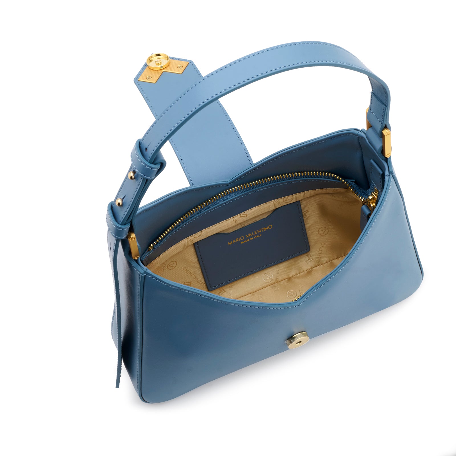 Internal compartment view showing the double-zip closure and signature lining