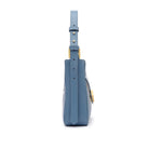 Mario Valentino light blue leather shoulder bag with gold-tone logo hardware and minimalist structured silhouette. Made in Italy
