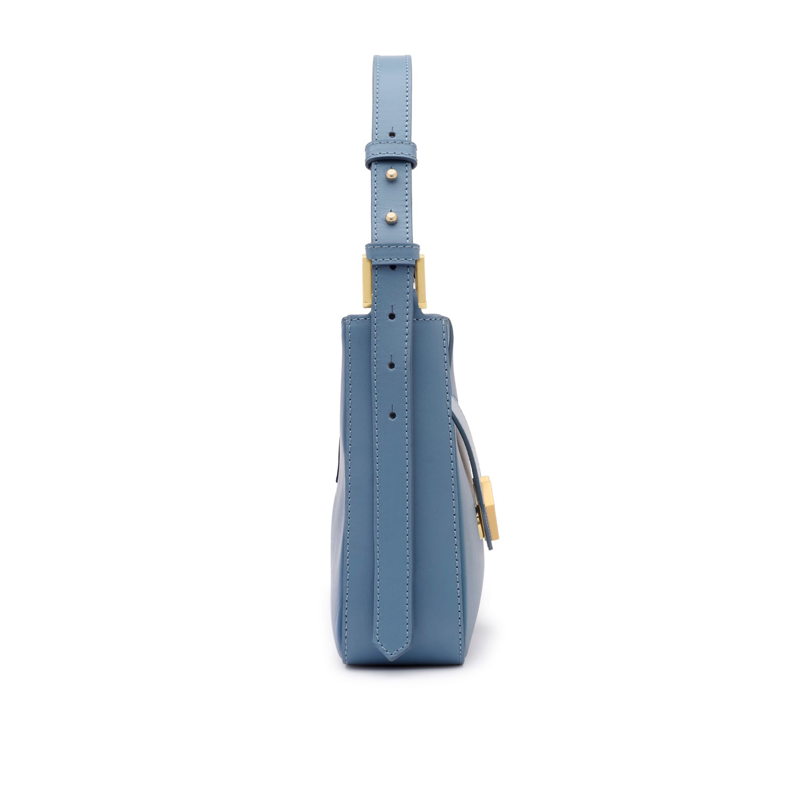 Mario Valentino light blue leather shoulder bag with gold-tone logo hardware and minimalist structured silhouette. Made in Italy