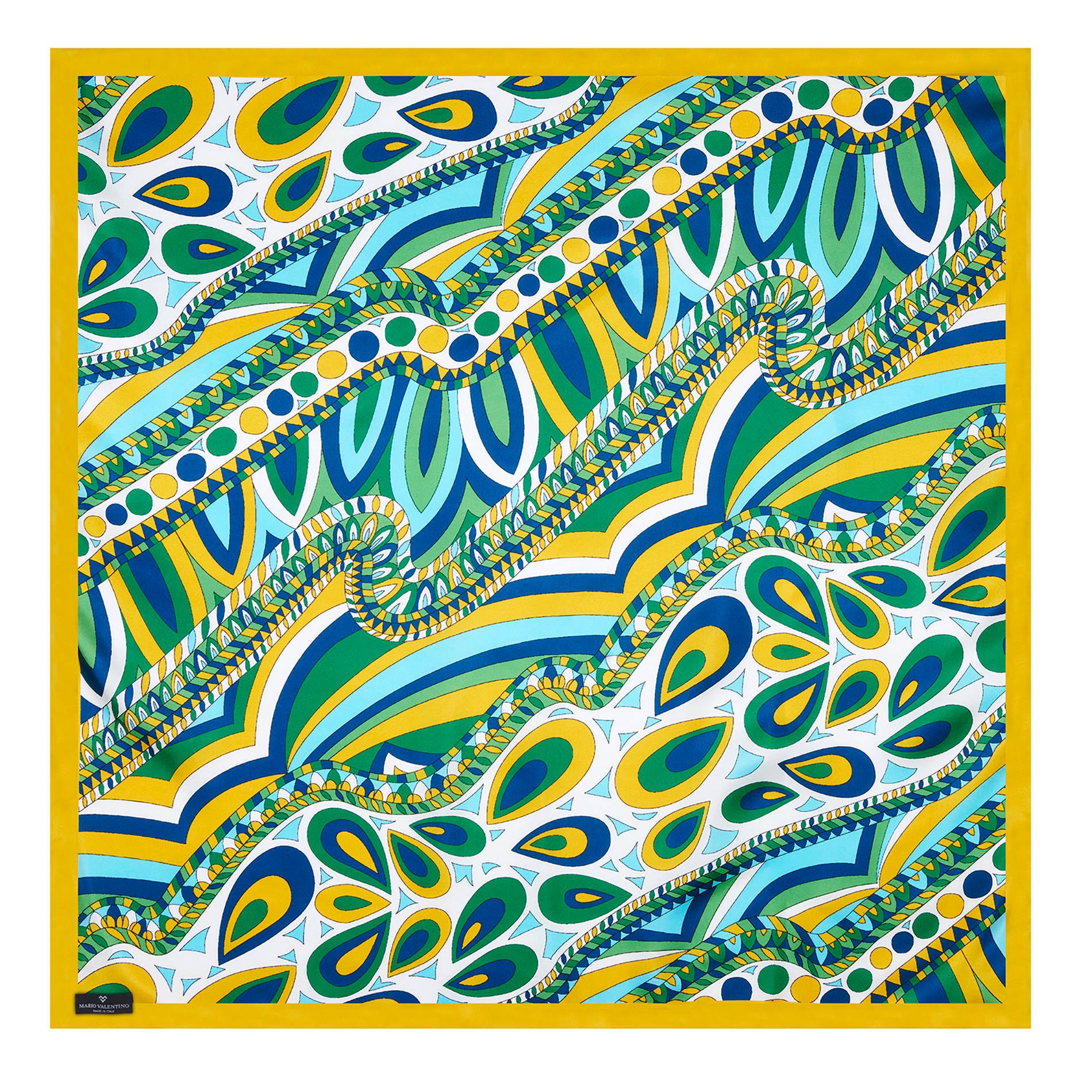 Mario Valentino abstract print silk scarf in yellow, green and blue tones, pure silk square foulard 88x88, lightweight and soft, made in Italy