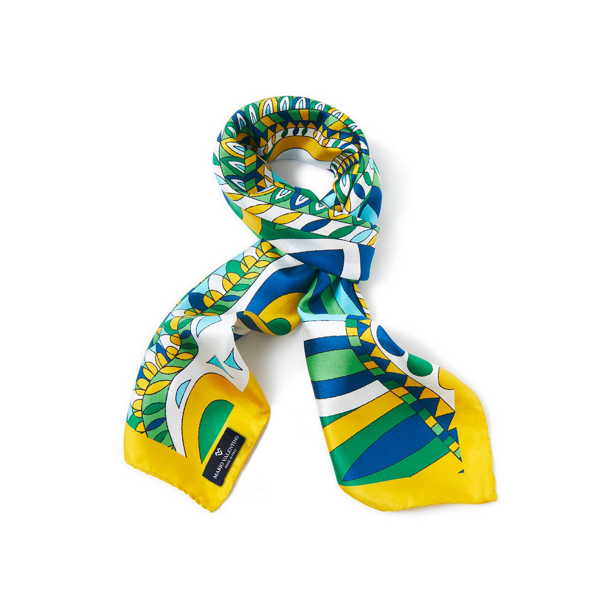 Abstract print silk scarf by Mario Valentino in vibrant yellow and green tones, lightweight pure silk foulard with fluid texture
