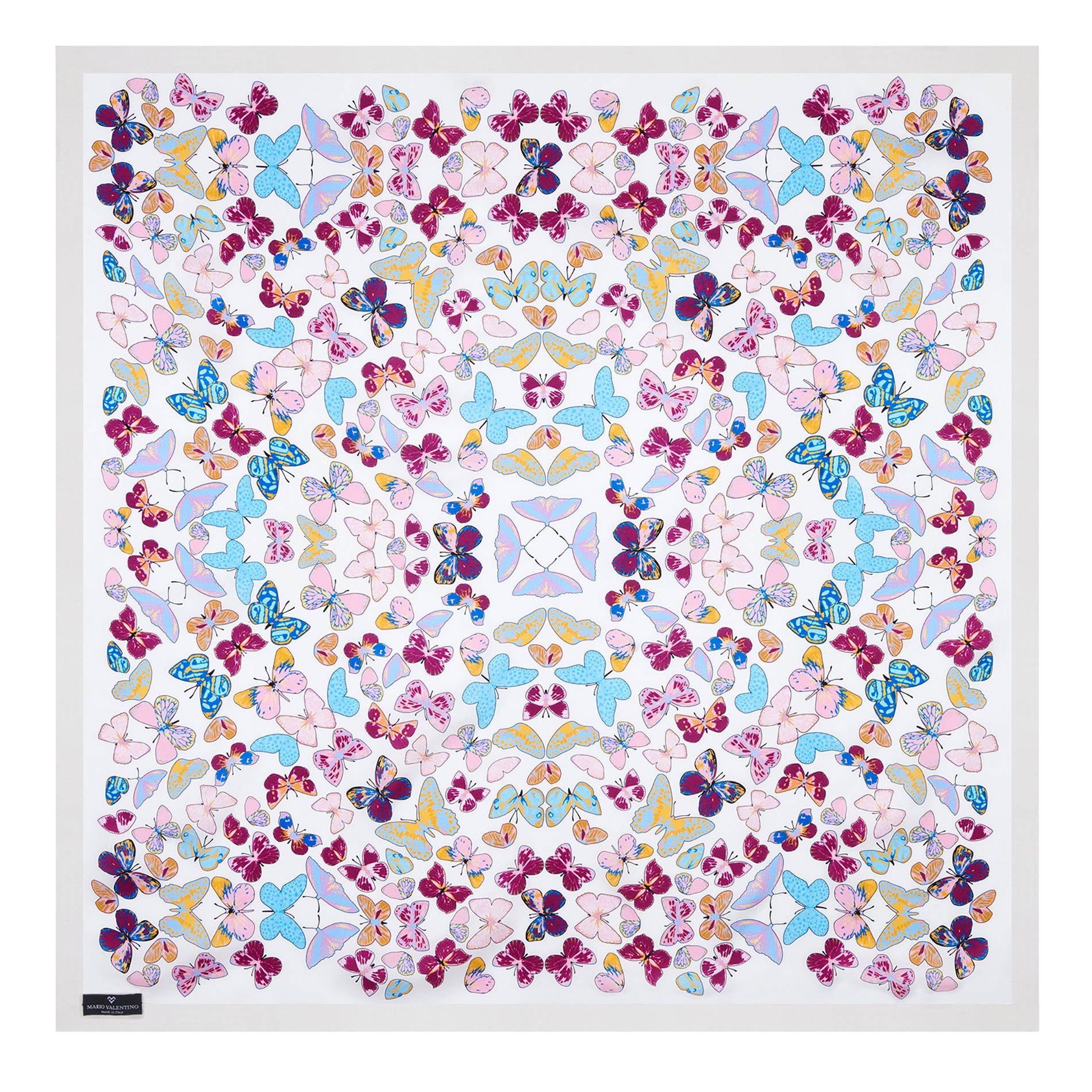 Mario Valentino pure silk foulard with symmetrical butterfly print, white background, luxury Italian accessory.