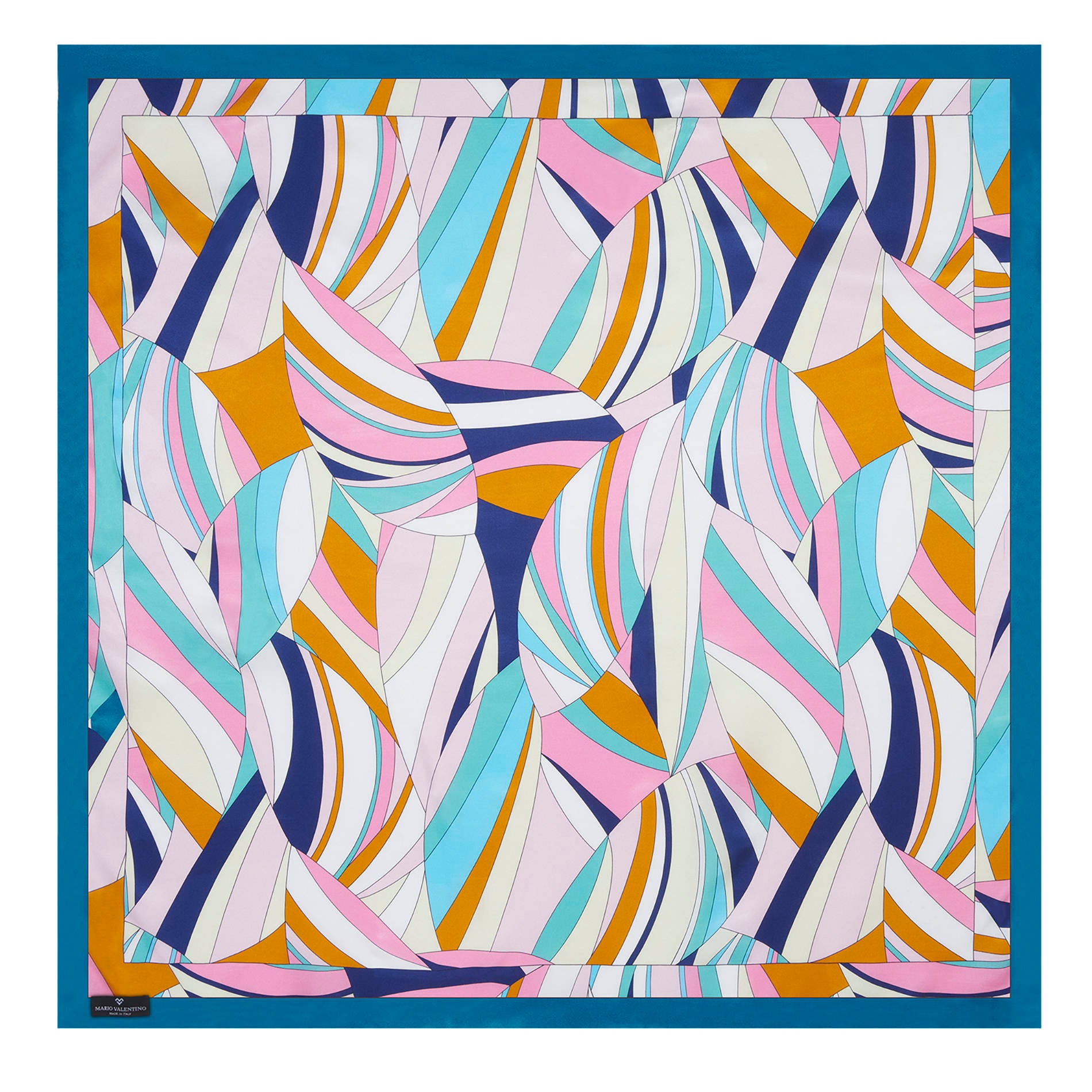 Mario Valentino pastel geometric silk scarf worn around the neck, lightweight designer foulard made in Italy