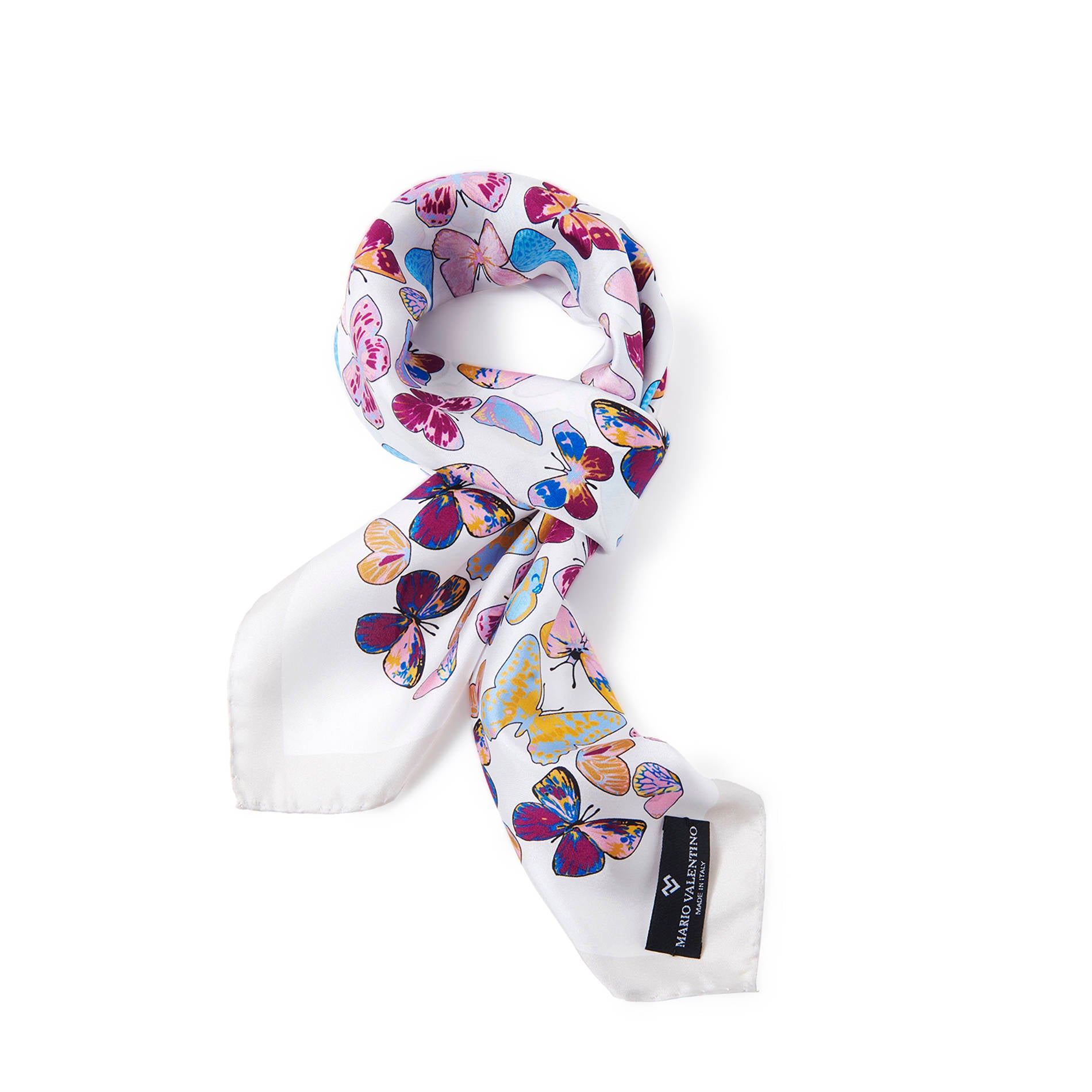 Mario Valentino butterfly silk foulard styled as a luxury handbag accessory, pastel tones and vibrant accents.
