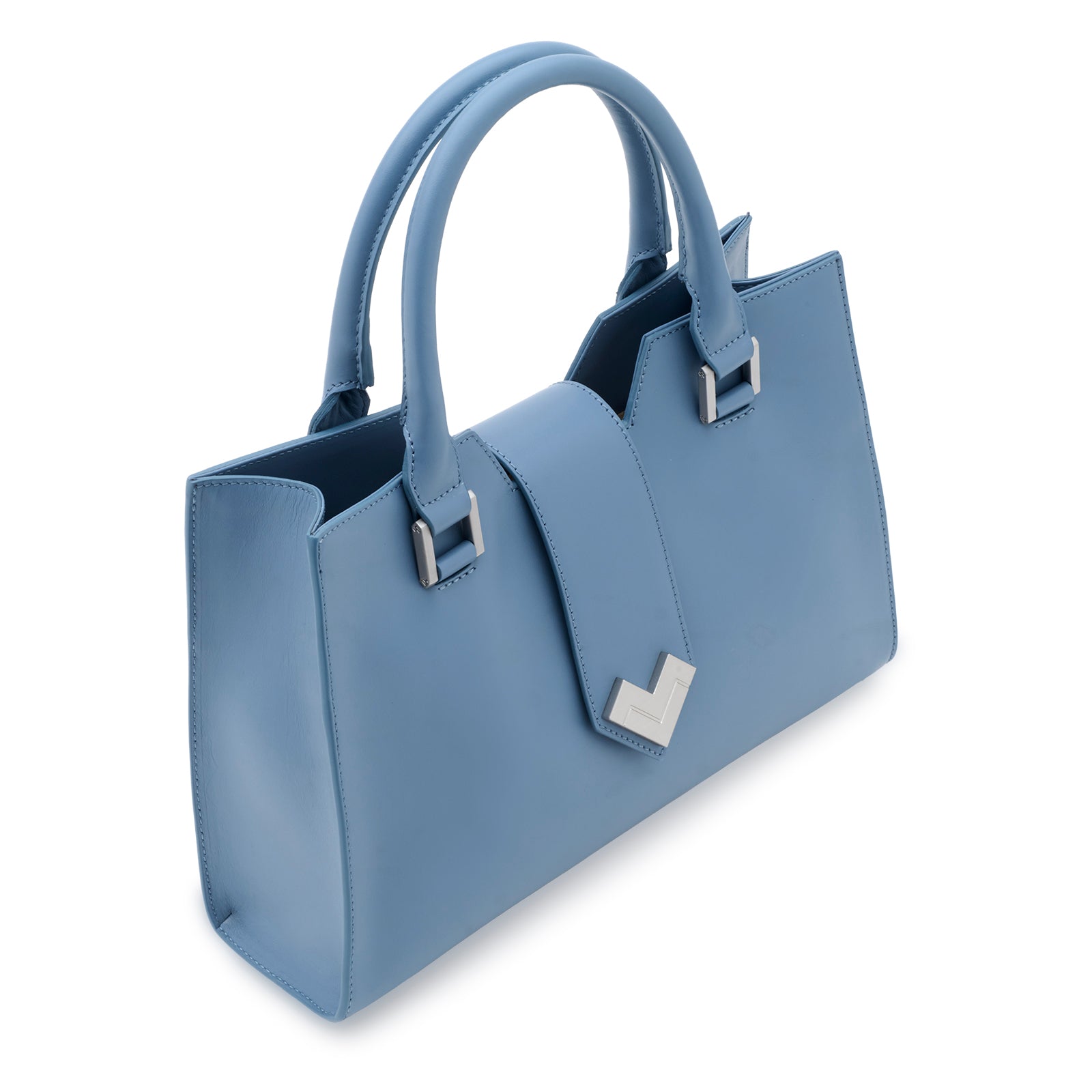 Close-up detail of the polished silver-finish hardware and magnetic closure on blue calfskin.