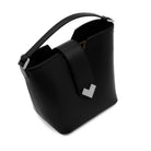 Close-up of the polished silver-finish MV-logo and magnetic snap closure on the black calf leather flap.