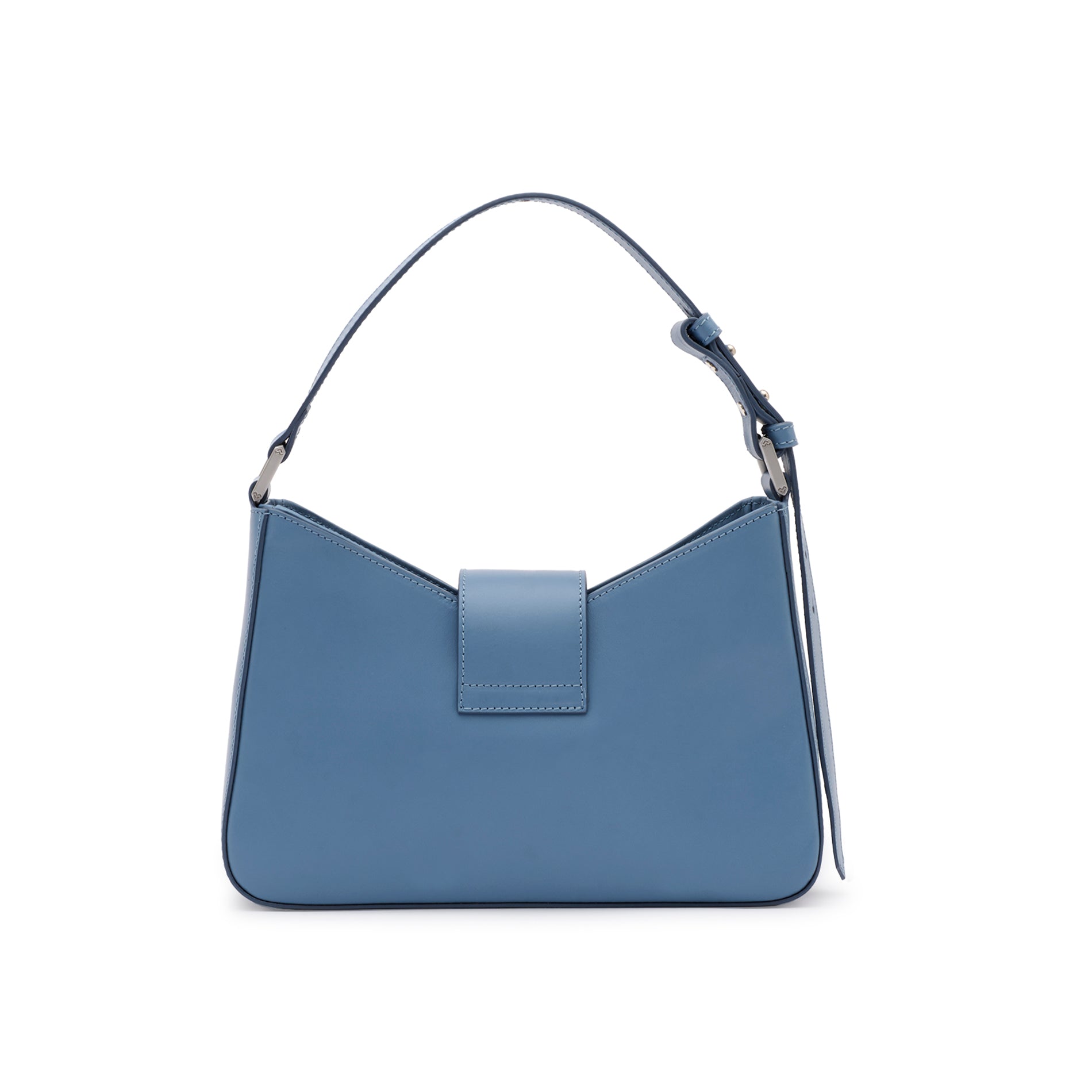 Rear view of the Mario Valentino sky blue calfskin shoulder bag, highlighting the smooth leather finish and clean, minimalist construction.