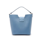 Rear view of the Mario Valentino sky blue leather handbag highlighting the clean Italian stitching