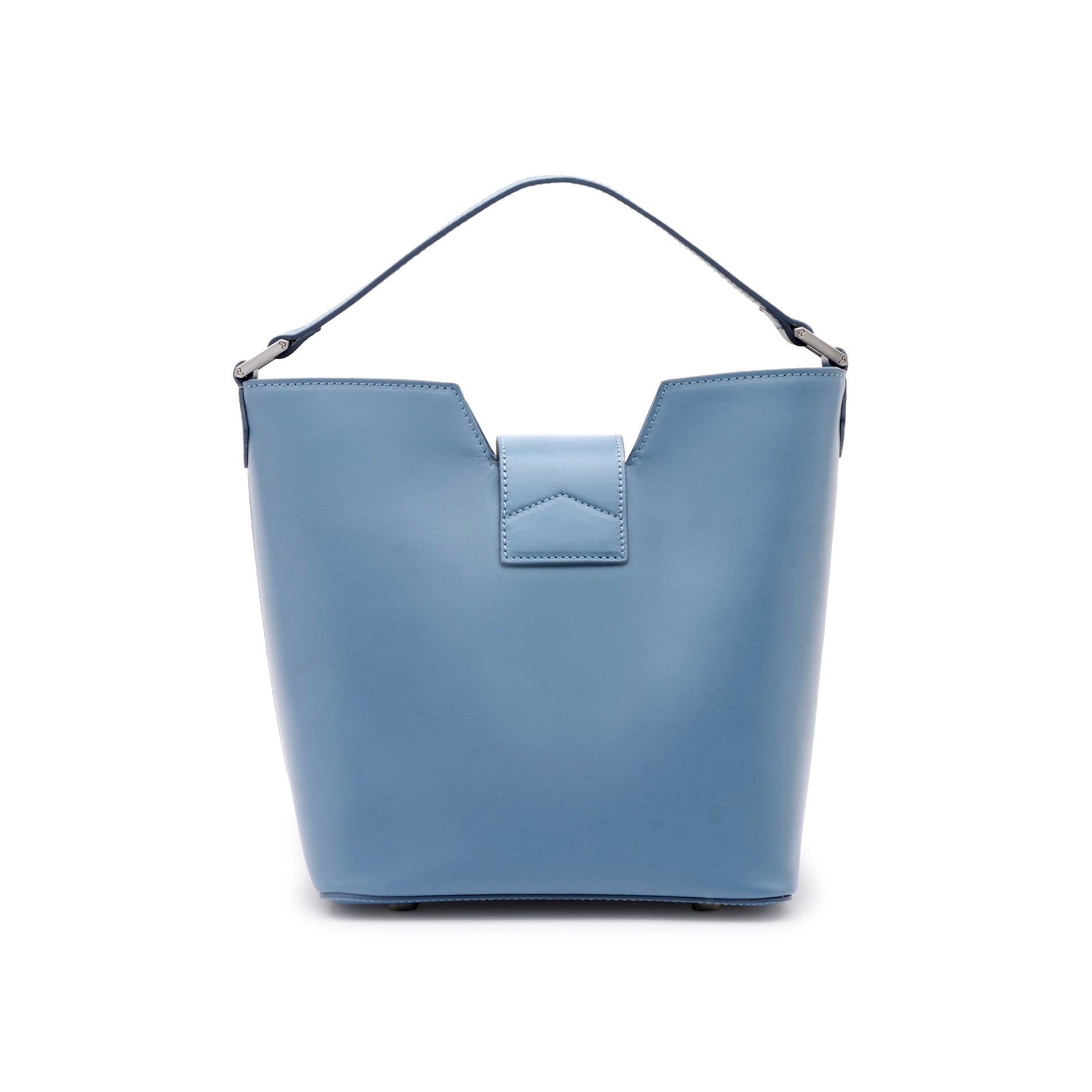 Rear view of the Mario Valentino sky blue leather handbag highlighting the clean Italian stitching