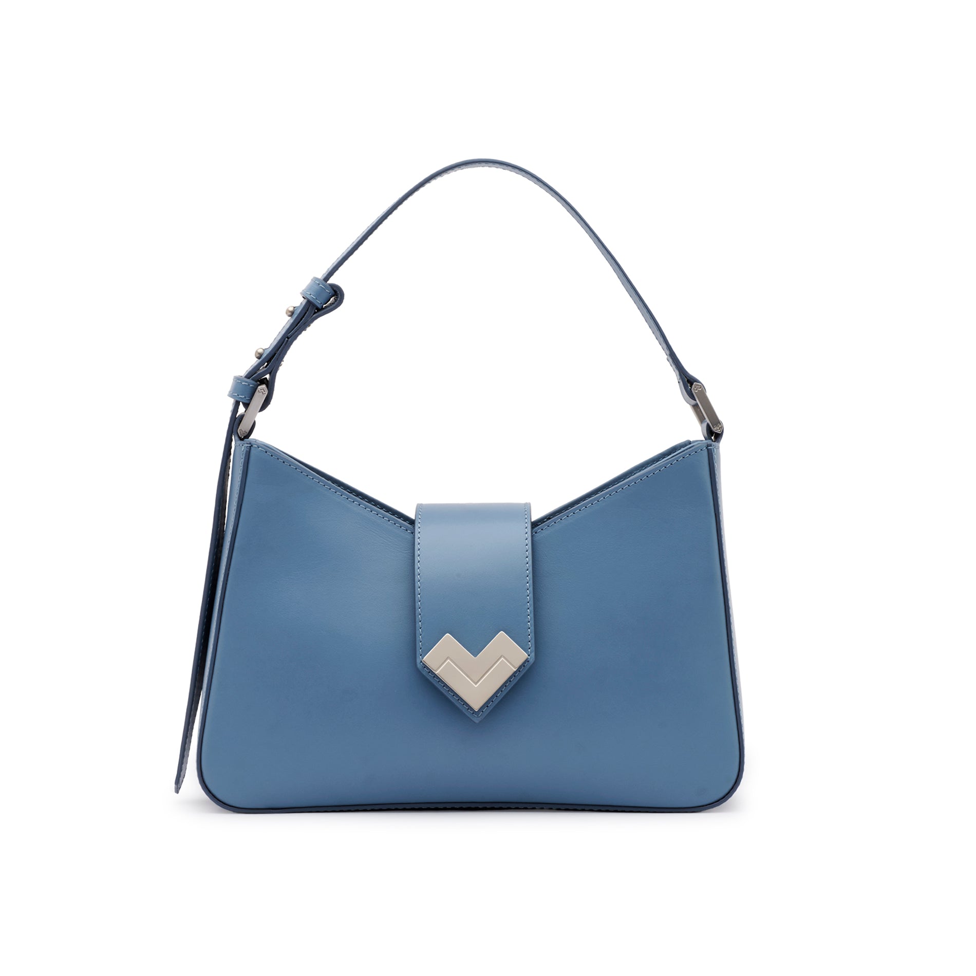 Front view of a Mario Valentino light blue calf leather shoulder bag featuring silver-tone hardware and an adjustable strap