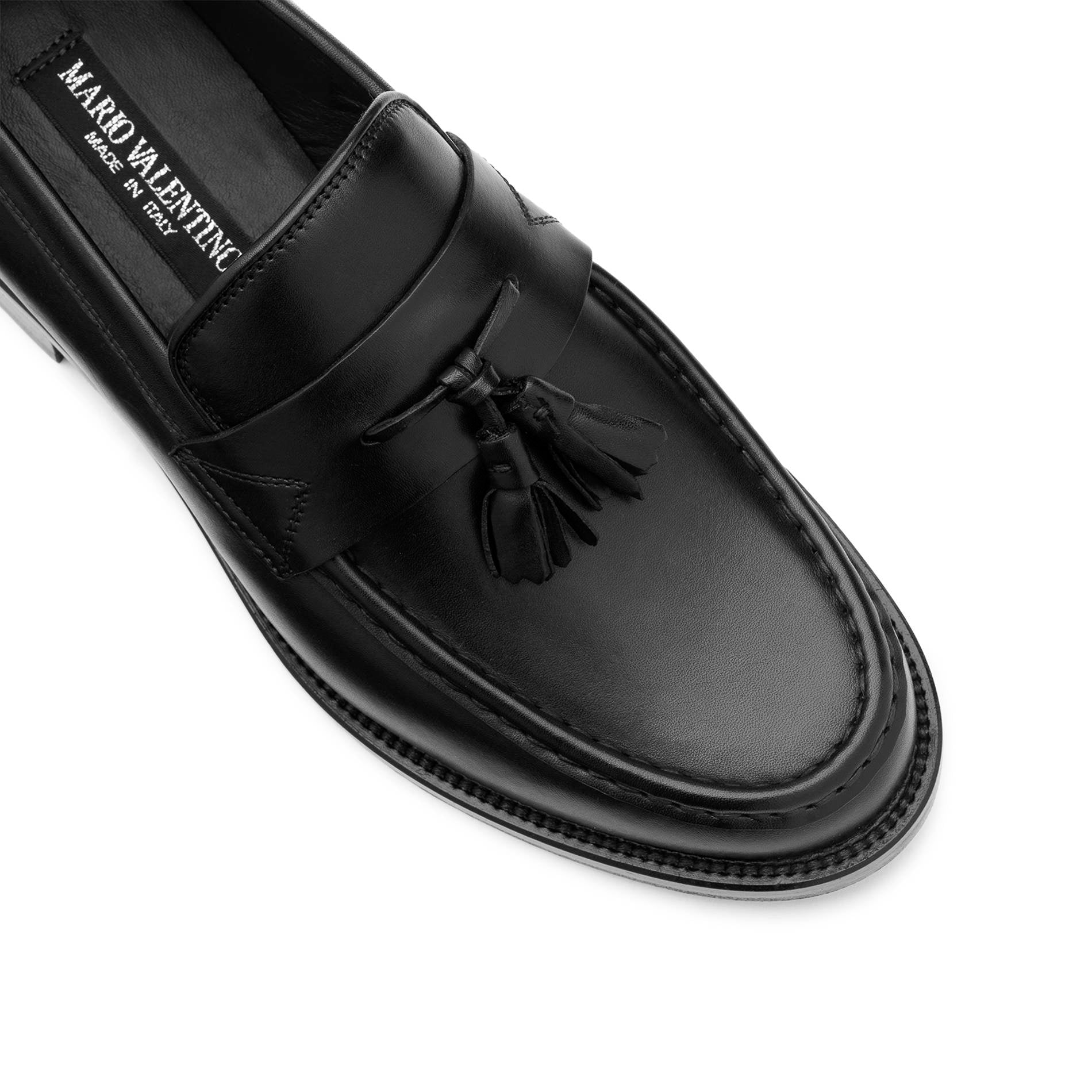 Apron stitching detail Mario Valentino black leather tassel loafers