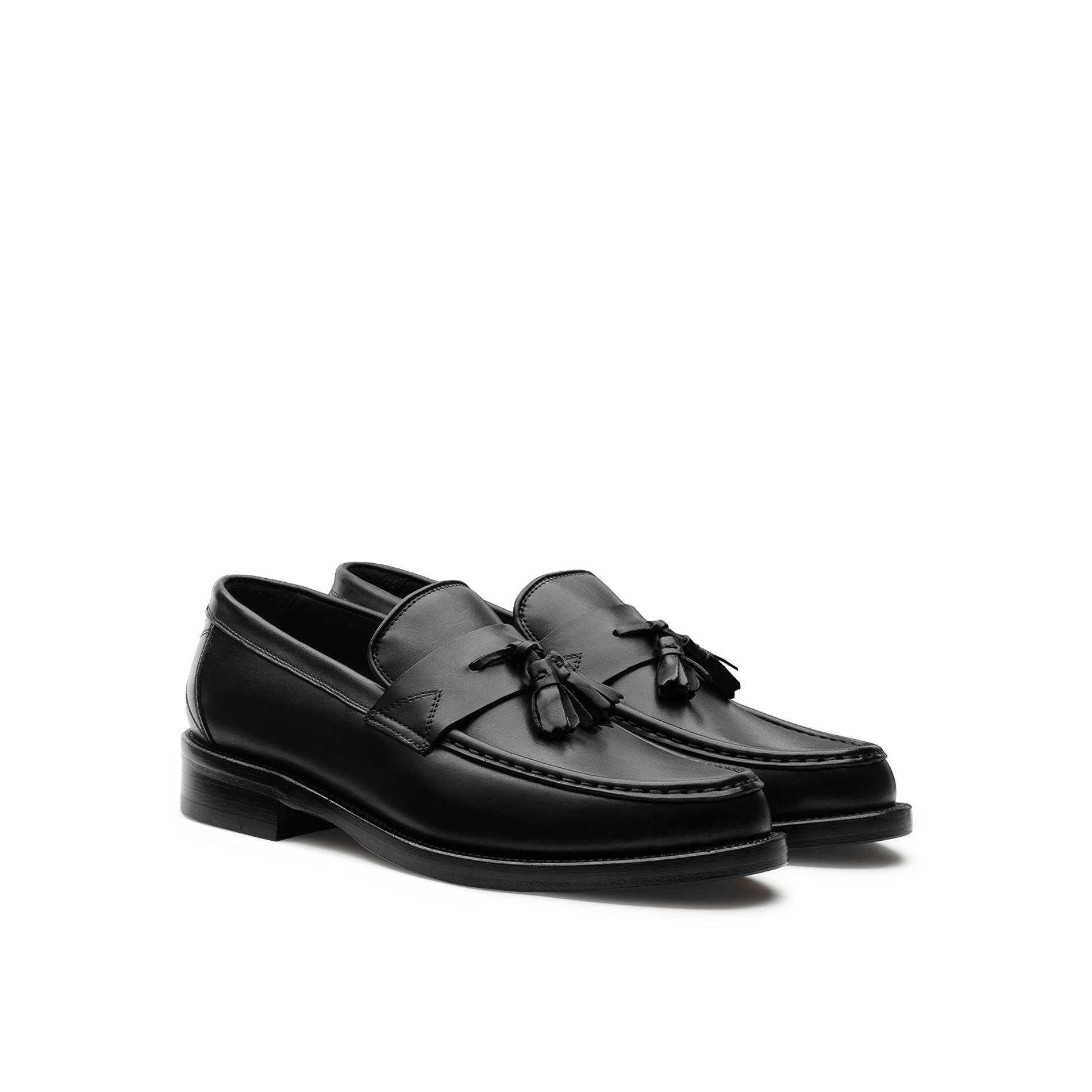 Mario Valentino black tassel loafers 3/4 angle view Italian craftsmanship