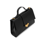 Detail of Mario Valentino black calf leather bag with gold-tone MV logo and smooth leather finish